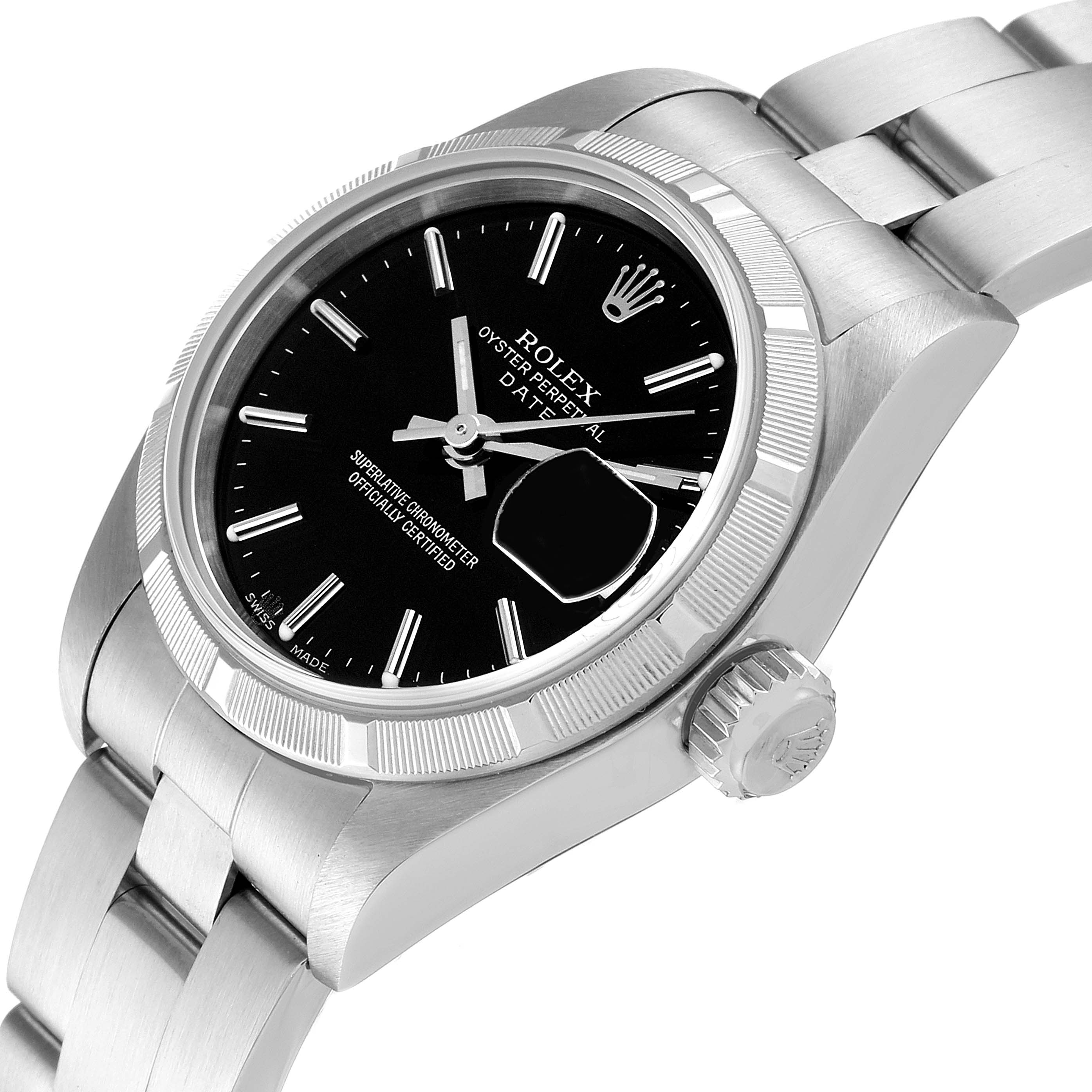 This image shows a side-angle view of a Rolex Date 79190 Women's Stainless Steel Black Dial 79190 Women's Stainless Steel Black Dial model watch, highlighting the black dial, crown, and stainless steel bracelet.