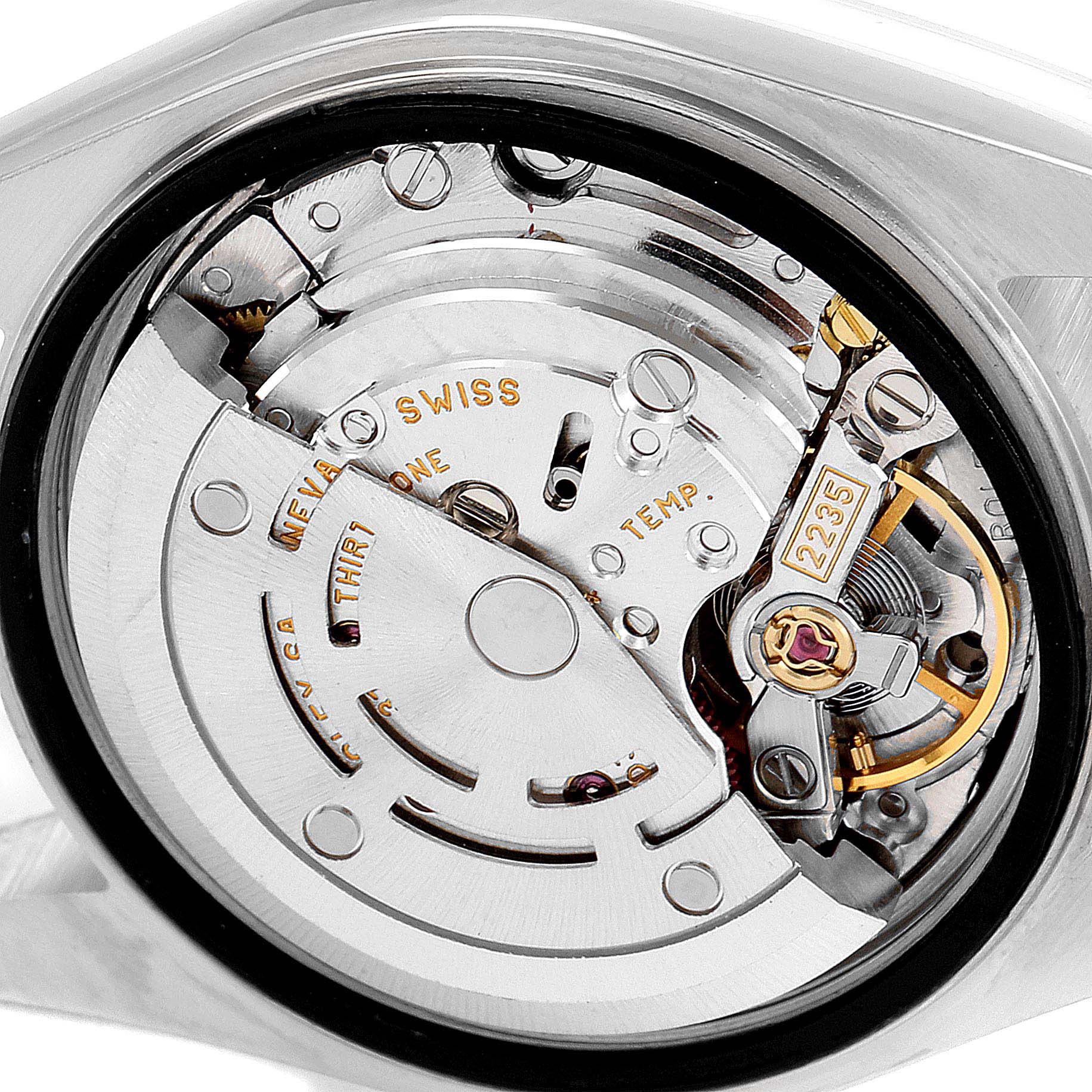 This image shows the movement mechanism of a Rolex Date 79190 Women's Stainless Steel Black Dial 79190 Women's Stainless Steel Black Dial model watch from a back angle with its internal components visible.