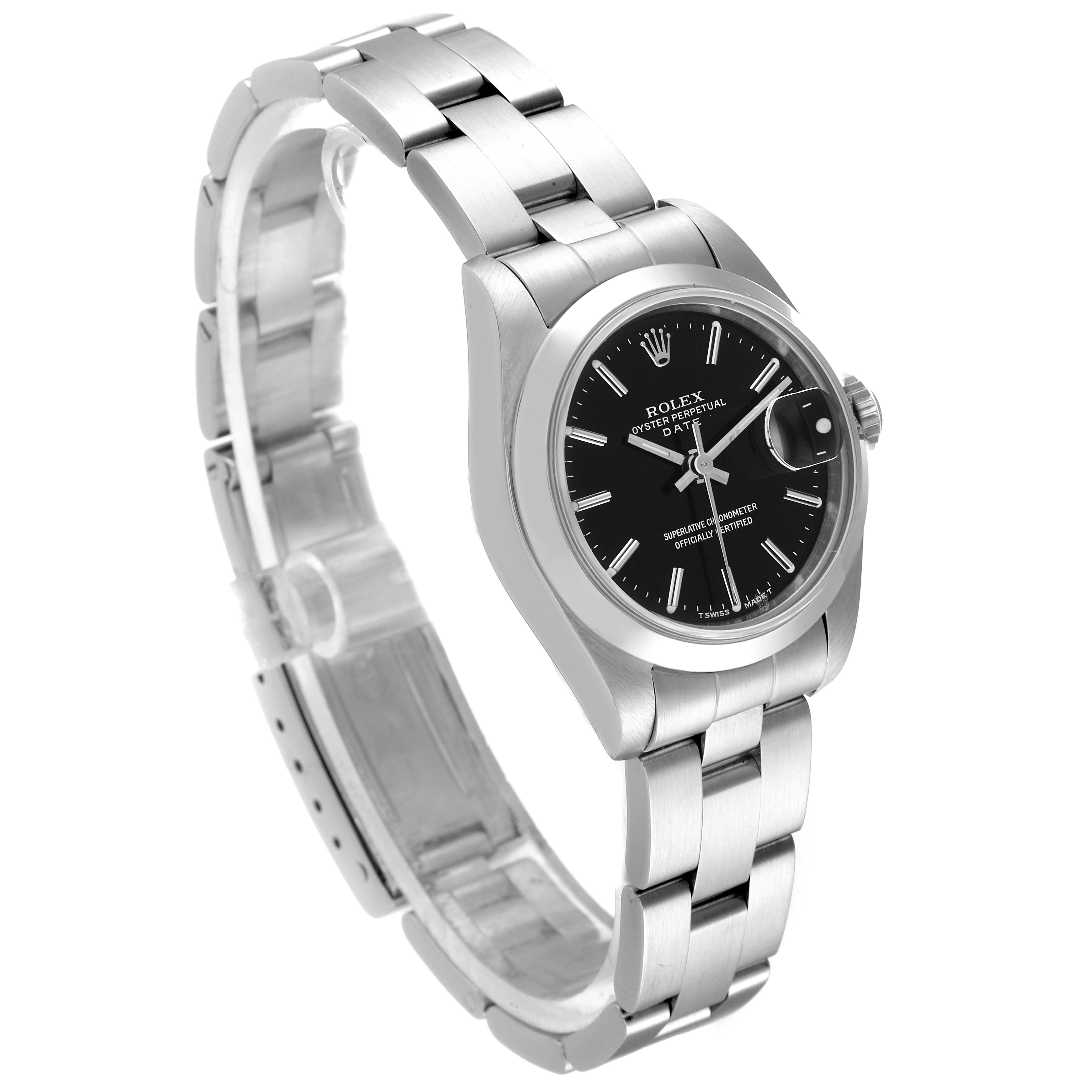 This image shows a side-angle view of a Rolex Date 69160 Women's Stainless Steel Black Dial 69160 Women's Stainless Steel Black Dial model watch, highlighting the black dial, bracelet, and date magnifier.