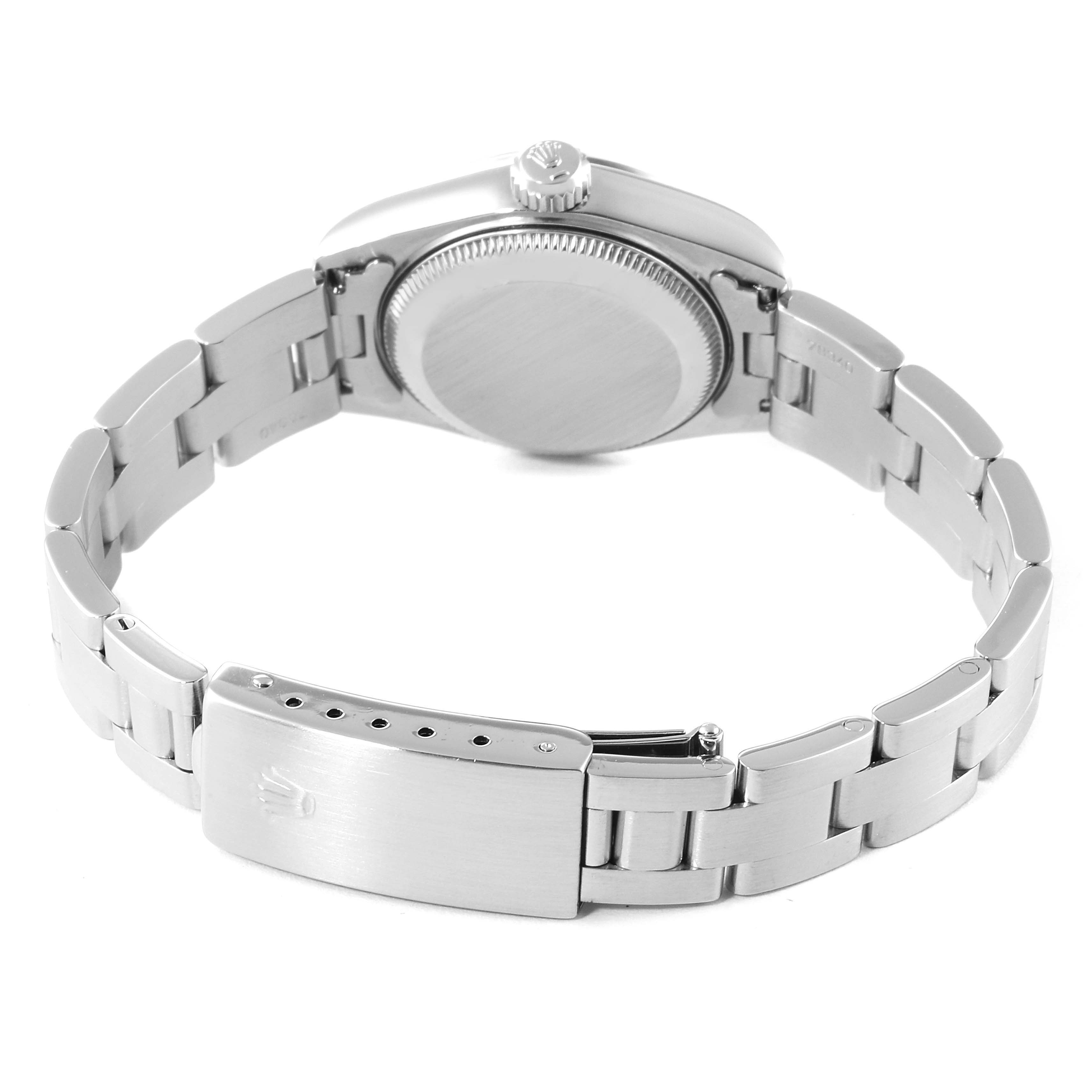 The image shows the back and the bracelet of a Rolex Date 69160 Women's Stainless Steel Black Dial 69160 Women's Stainless Steel Black Dial model watch.