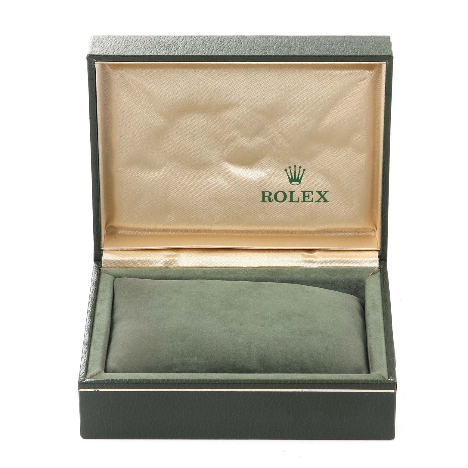 This image shows an open Rolex box for the Date model watch, featuring a cushioned interior.