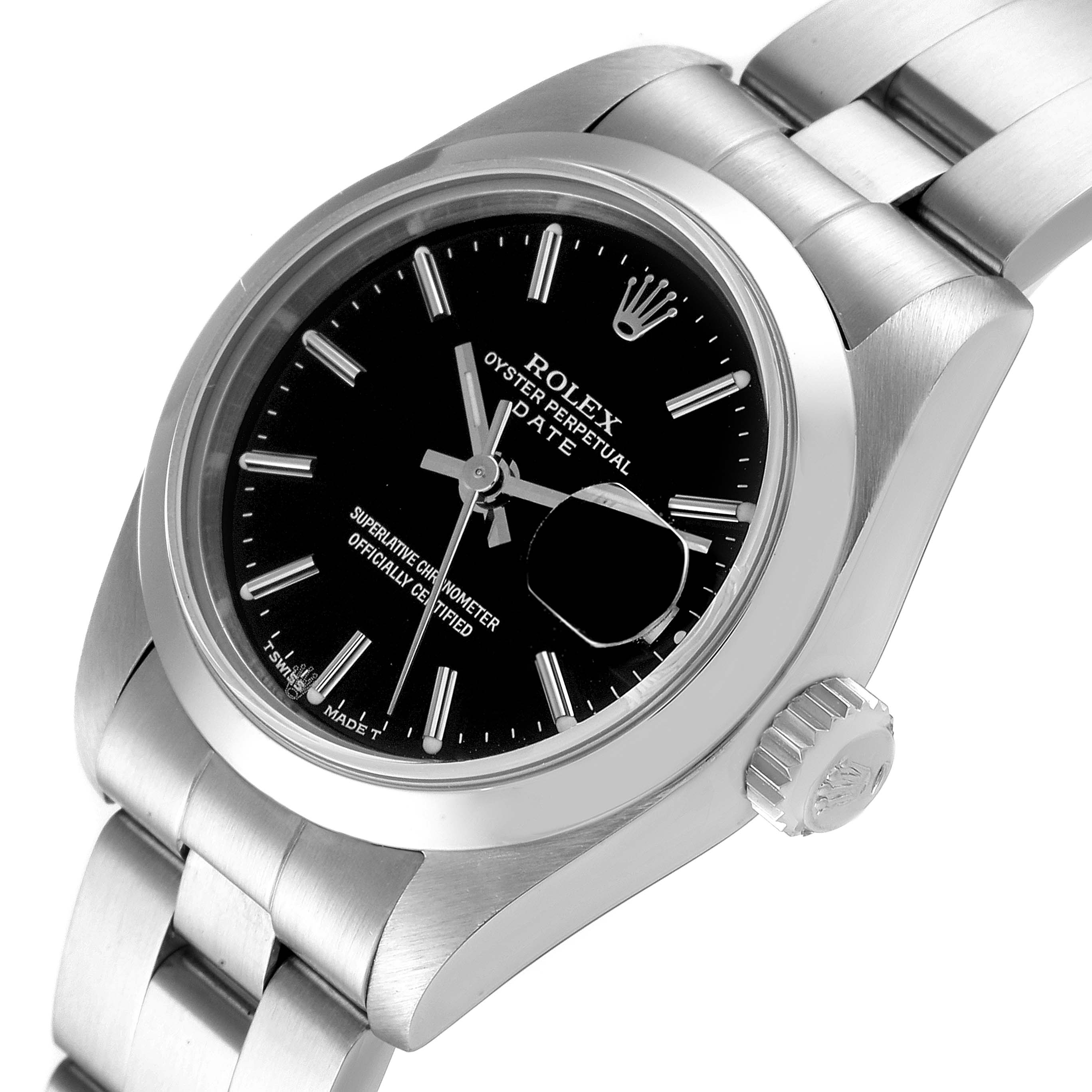 This image shows a Rolex Date 69160 Women's Stainless Steel Black Dial 69160 Women's Stainless Steel Black Dial watch from an angled top view, highlighting the black dial, bracelet, crown, and magnified date window.