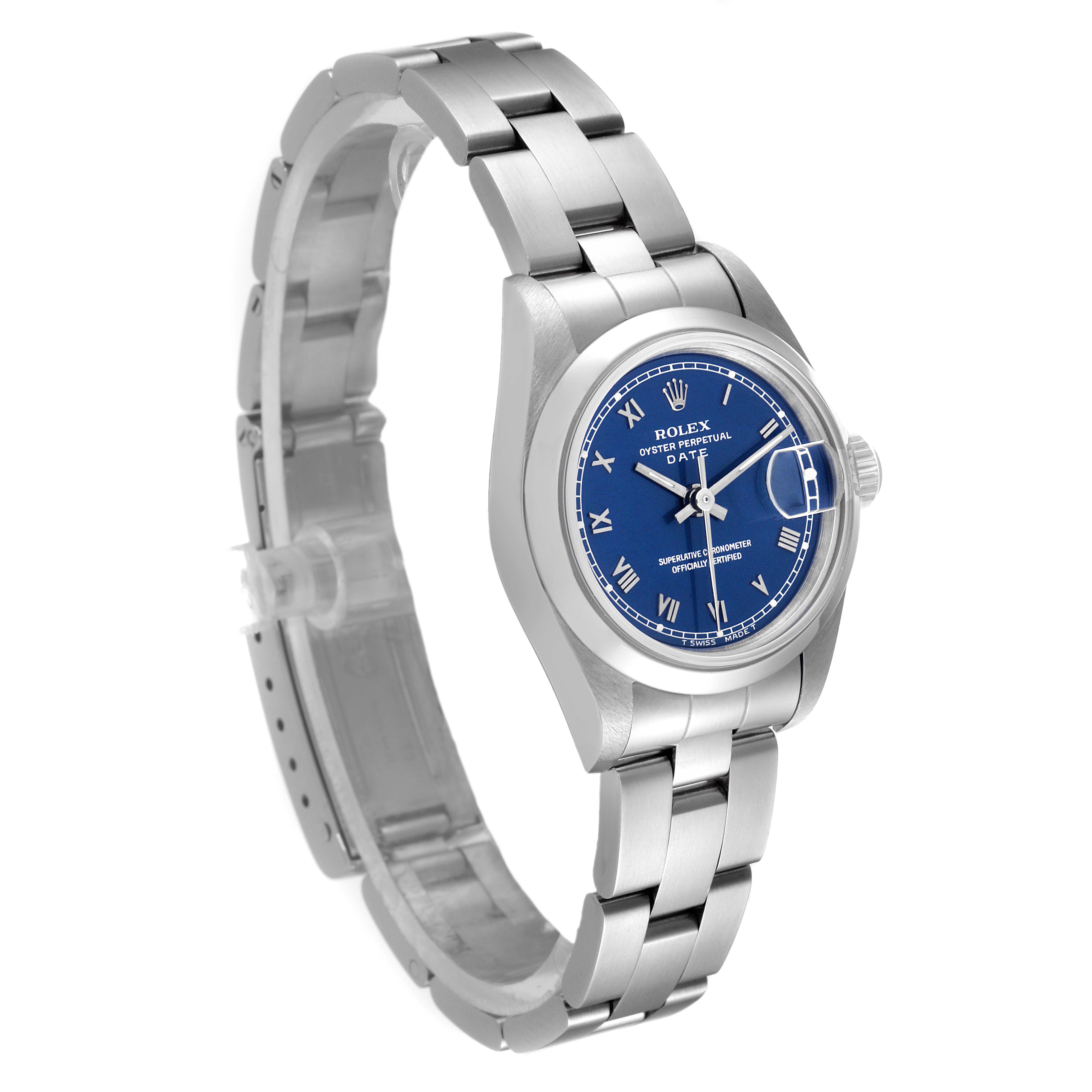 The image shows a side view of a Rolex Date 69160 Women's Stainless Steel Blue Dial 69160 Women's Stainless Steel Blue Dial model watch, displaying the blue dial, case, and metal bracelet.