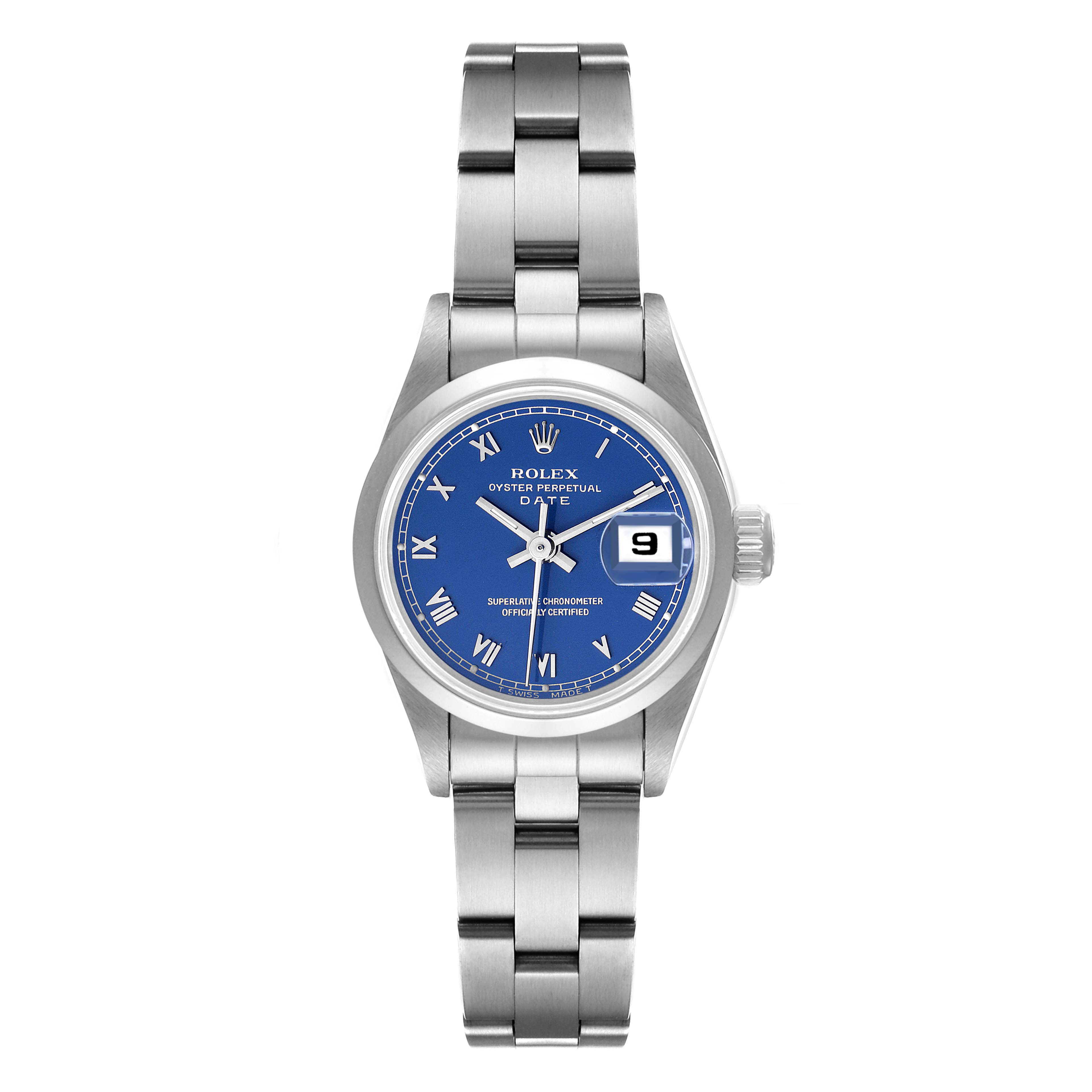 The image shows a frontal view of the Rolex Oyster Perpetual Date watch with a blue dial and a metal bracelet.