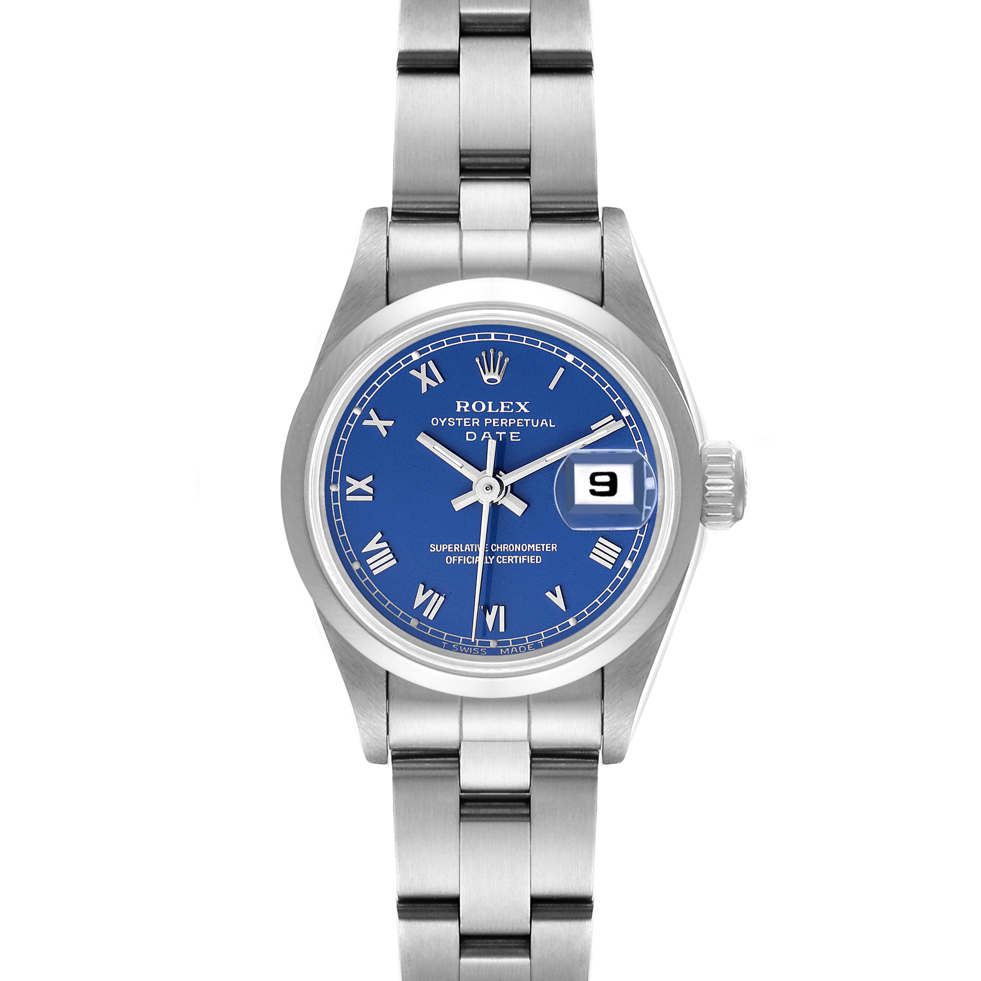 The image shows a frontal view of a Rolex Date 69160 Women's Stainless Steel Blue Dial 69160 Women's Stainless Steel Blue Dial model watch, highlighting its blue dial, date window, and stainless steel bracelet.
