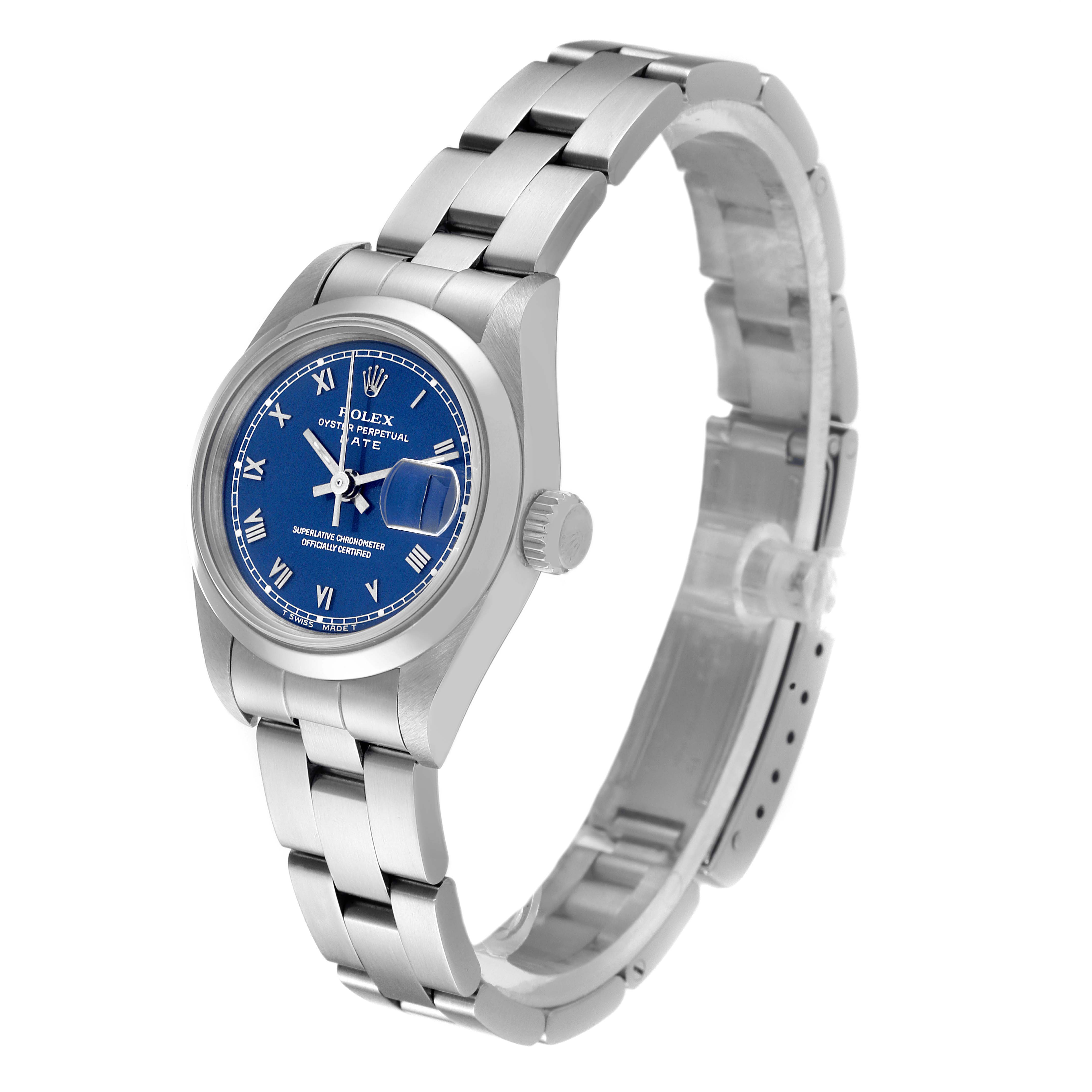 The Rolex Date 69160 Women's Stainless Steel Blue Dial 69160 Women's Stainless Steel Blue Dial watch is shown at an angle highlighting the blue face, bracelet, and crown.