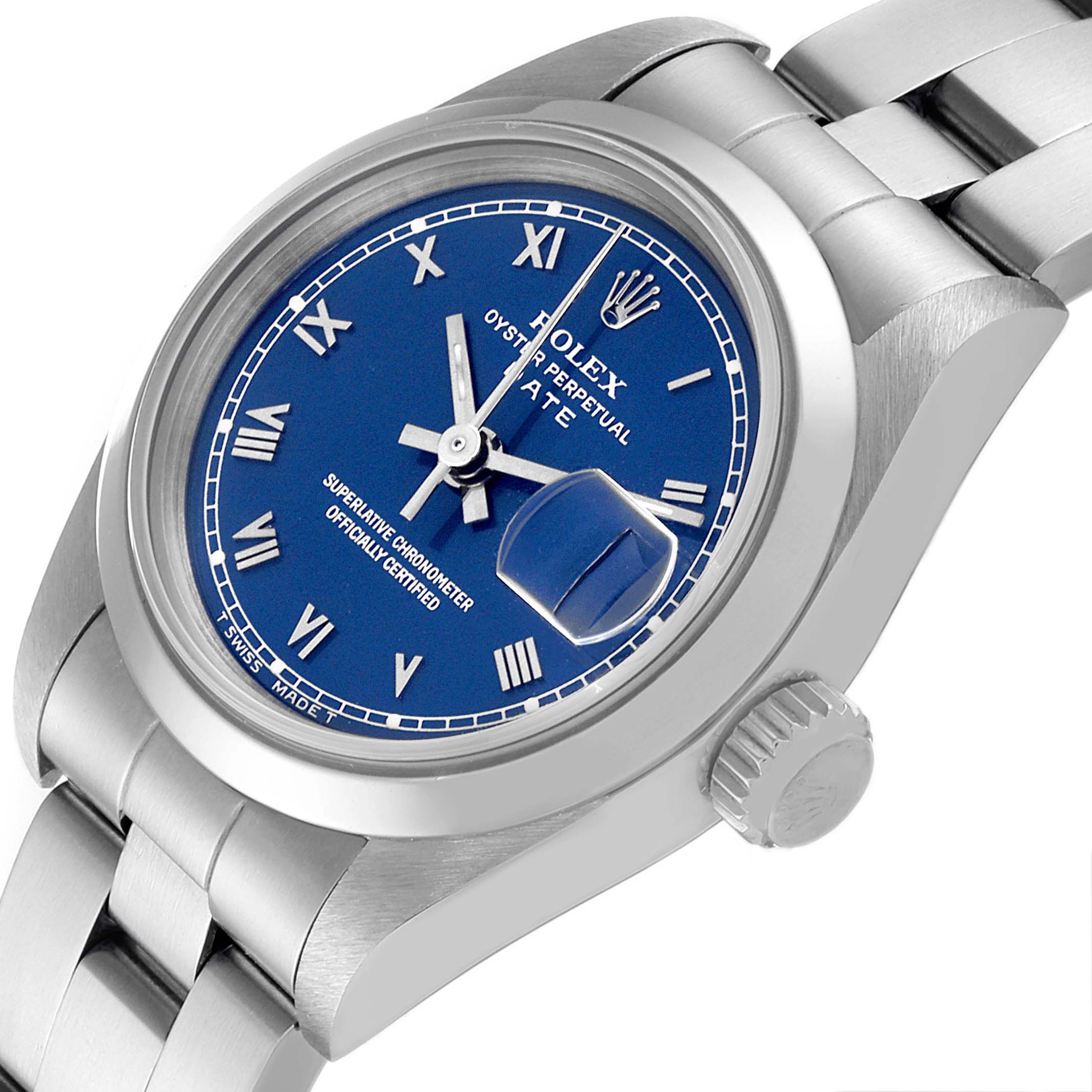 This image shows a Rolex Date 69160 Women's Stainless Steel Blue Dial 69160 Women's Stainless Steel Blue Dial model watch at a slight angle, highlighting the blue dial, Roman numerals, and crown.