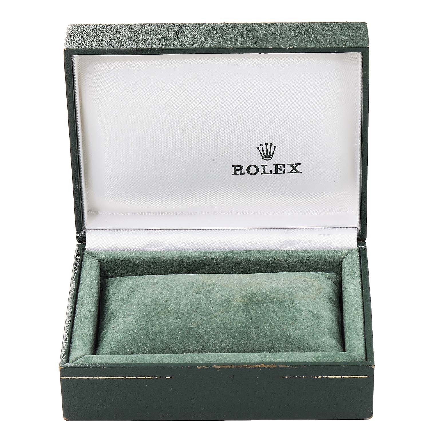 This is an open Rolex watch box, displaying its interior designed to hold the Date model.