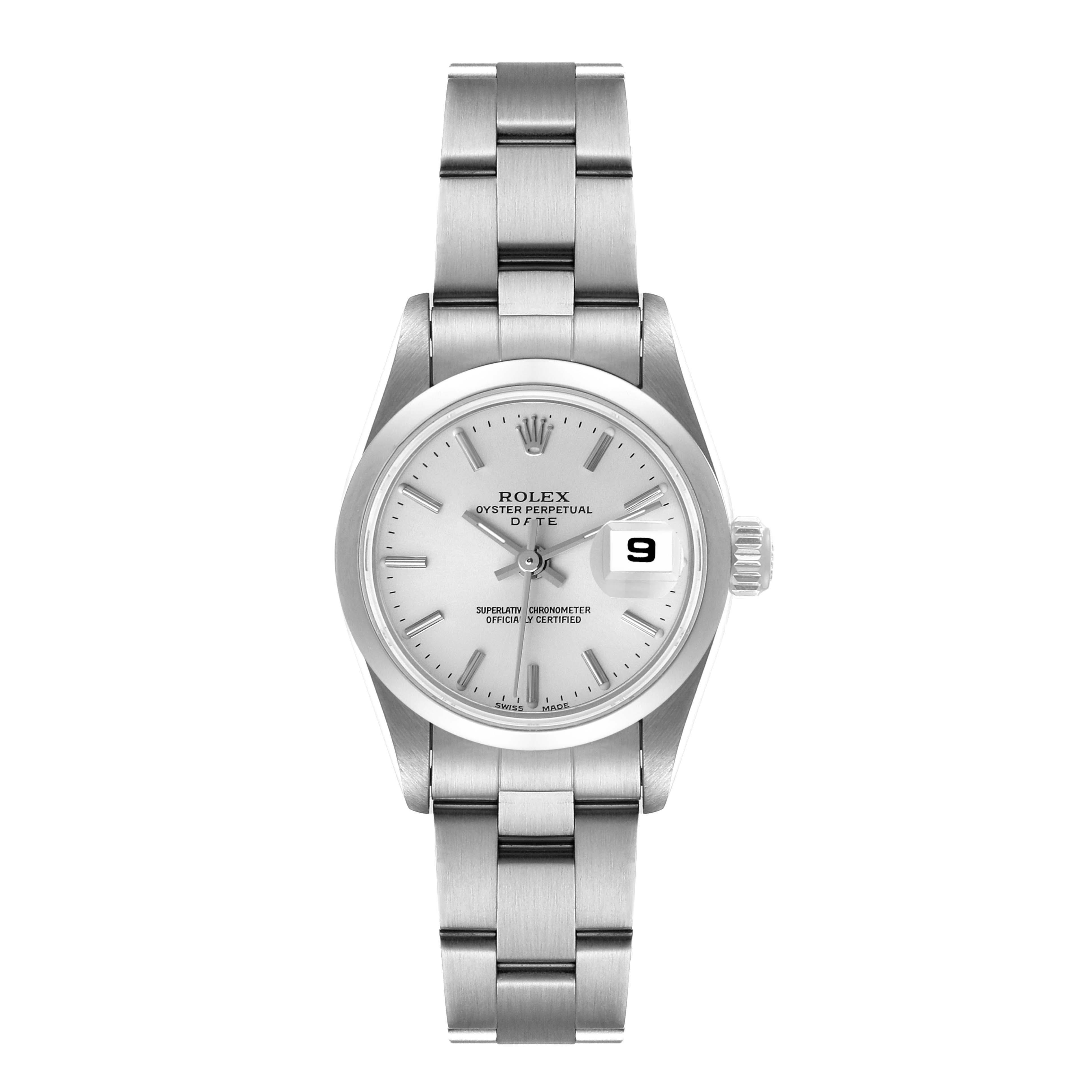 This image shows a front view of a Rolex Date 79160 Women's Stainless Steel Silver Dial 79160 Women's Stainless Steel Silver Dial model watch, displaying its dial, bracelet, and date window.