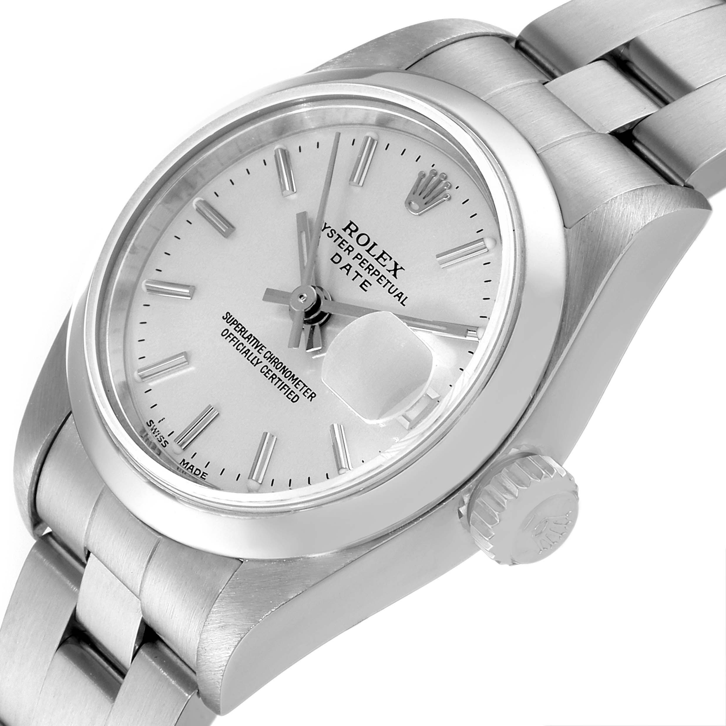 This image shows a close-up angle of the Rolex Date 79160 Women's Stainless Steel Silver Dial 79160 Women's Stainless Steel Silver Dial model focusing on the dial, bezel, and crown.