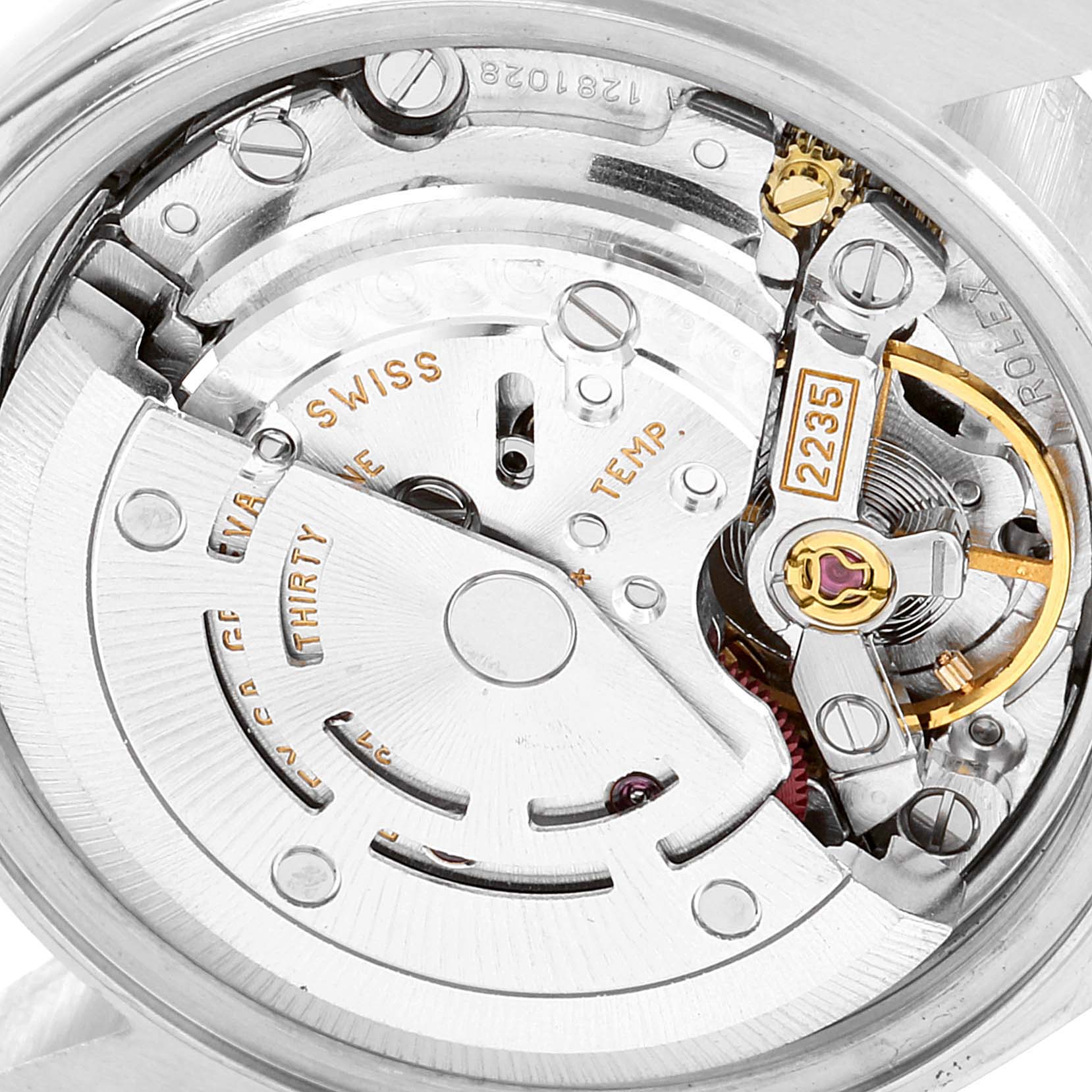 This image shows a close-up view of the movement and internal mechanisms of a Rolex Date 79160 Women's Stainless Steel Silver Dial 79160 Women's Stainless Steel Silver Dial watch.