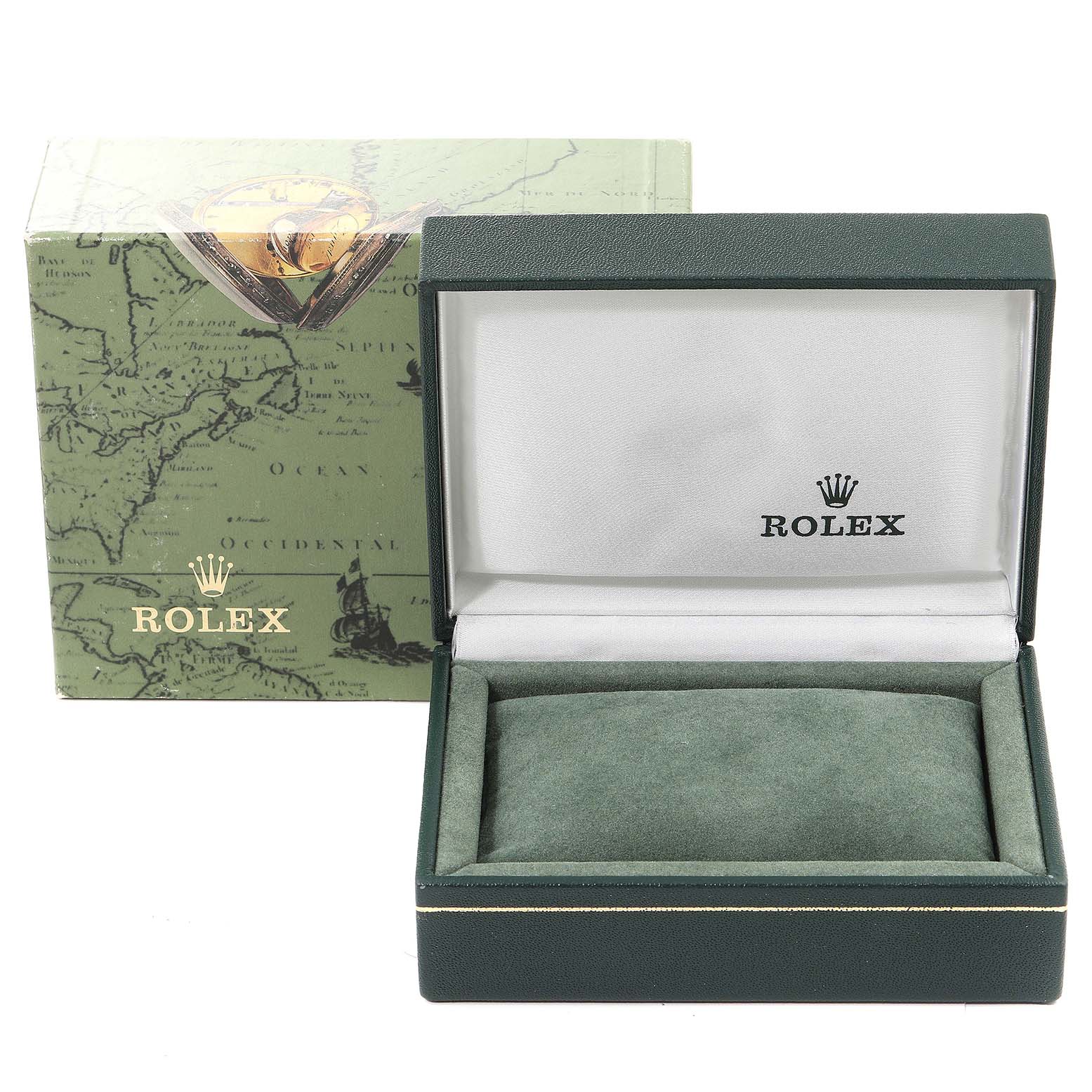 The image shows an open Rolex Date 69240 Women's Stainless Steel White Dial 69240 Women's Stainless Steel White Dial model watch box, along with its green outer packaging.