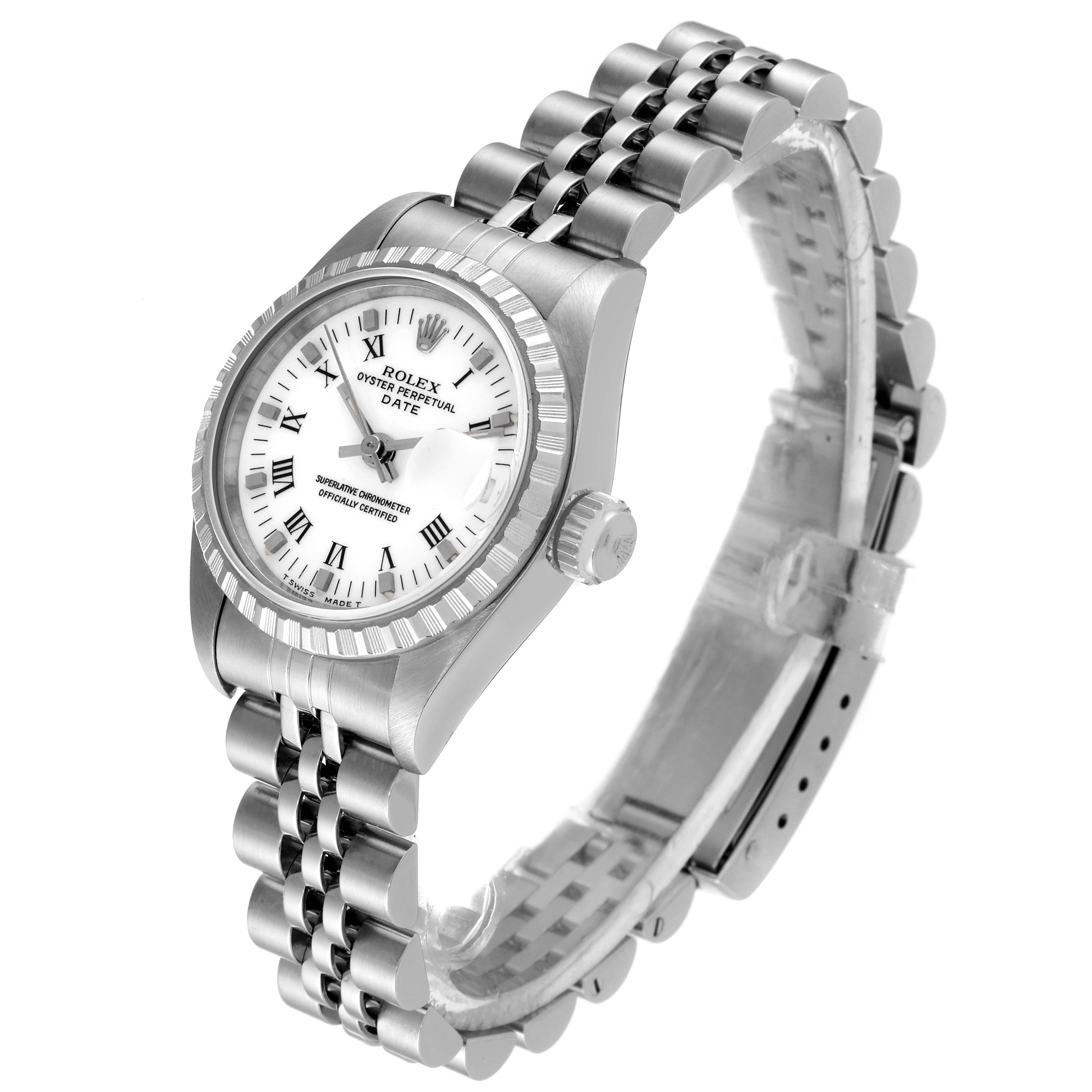 The Rolex Date 69240 Women's Stainless Steel White Dial 69240 Women's Stainless Steel White Dial model watch is shown from an angle that highlights the face, crown, and bracelet.