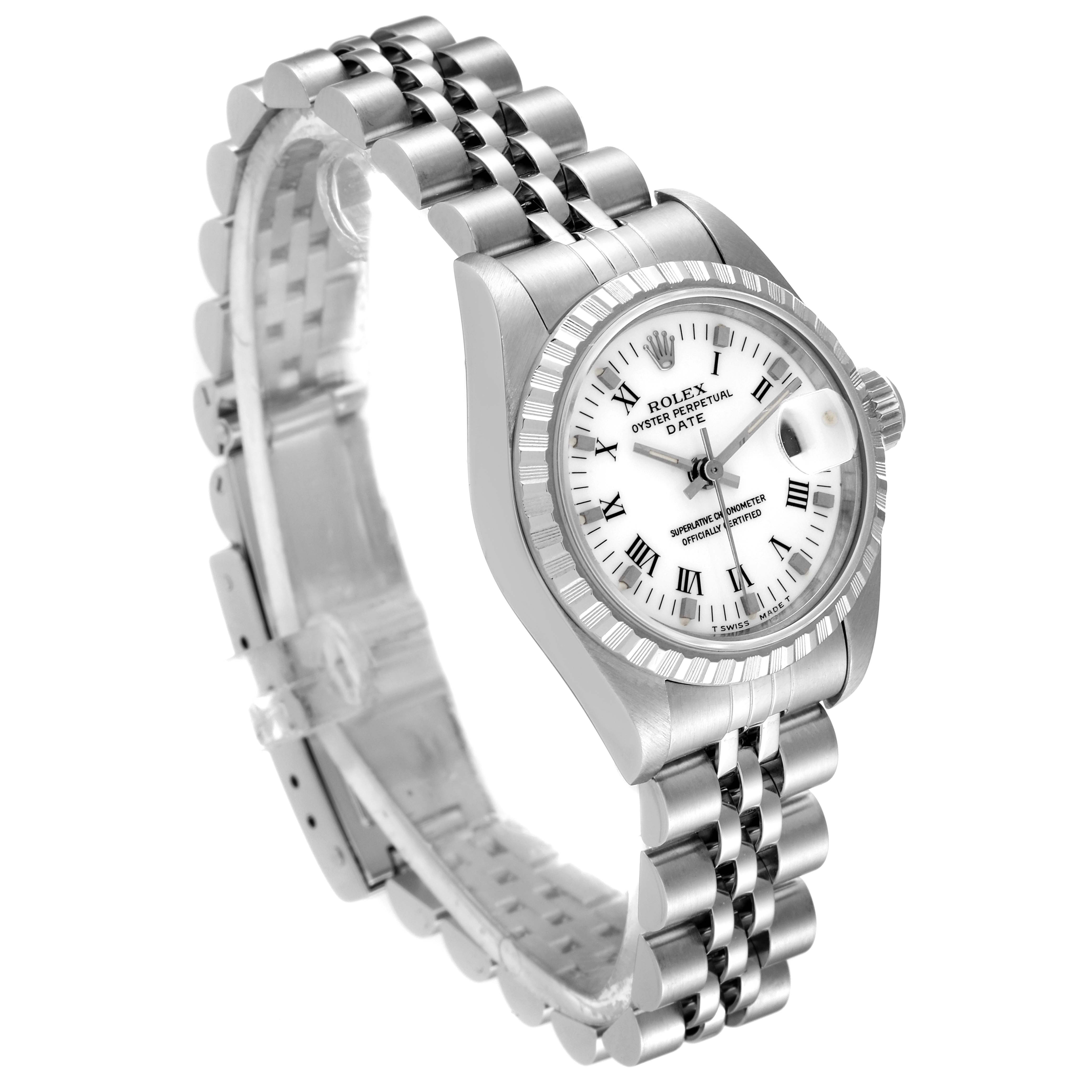 The image shows a front angled view of a Rolex Date 69240 Women's Stainless Steel White Dial 69240 Women's Stainless Steel White Dial watch, displaying its face, bezel, bracelet, and partially the crown.