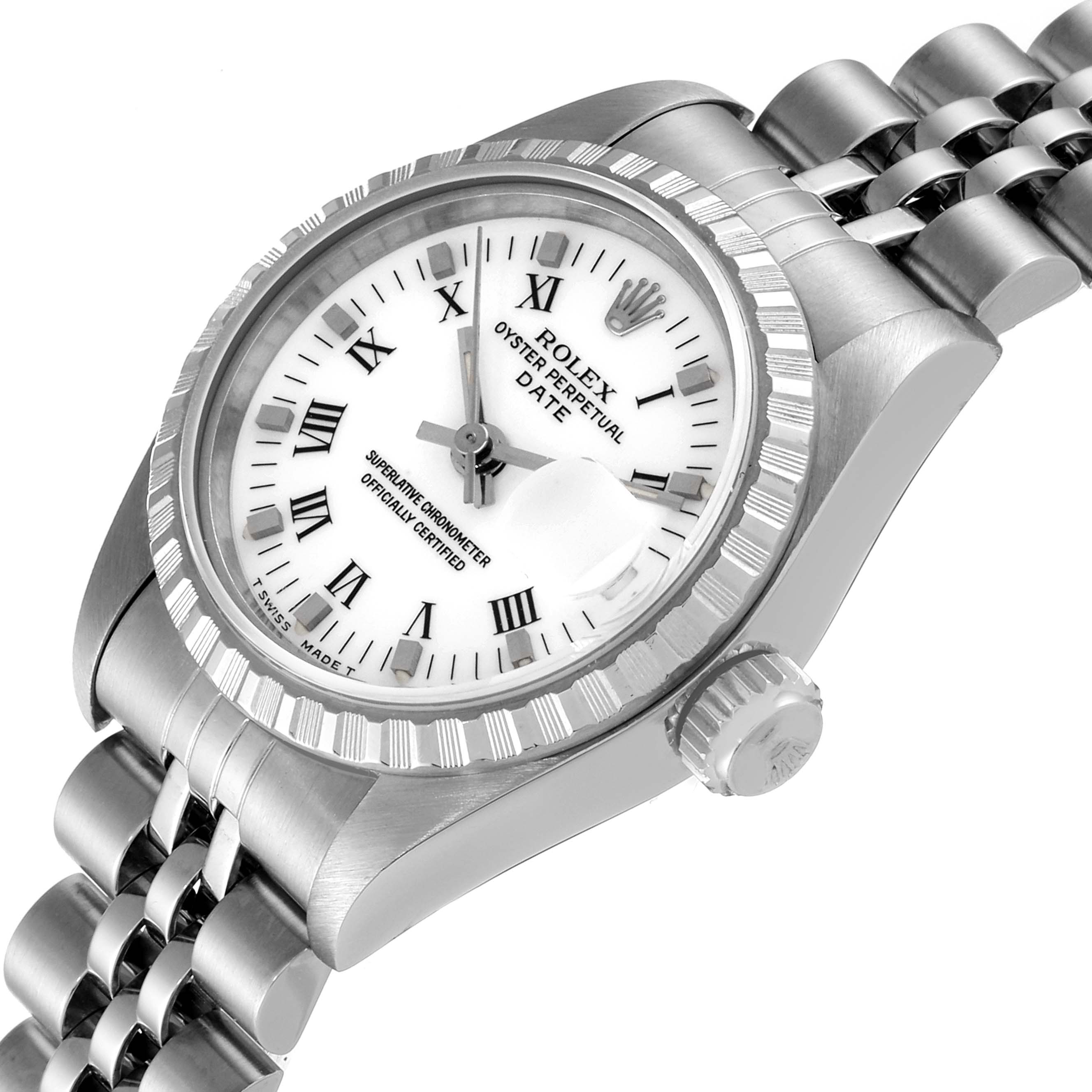 This image shows a Rolex Date 69240 Women's Stainless Steel White Dial 69240 Women's Stainless Steel White Dial model watch at a slight angle, highlighting the dial, bezel, crown, and part of the bracelet.