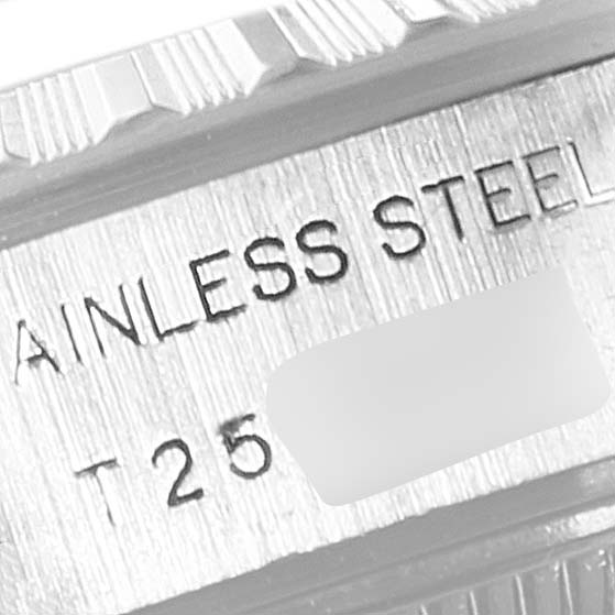 The image shows a close-up of the stainless steel case and bezel of a Rolex Date 69240 Women's Stainless Steel White Dial 69240 Women's Stainless Steel White Dial model.