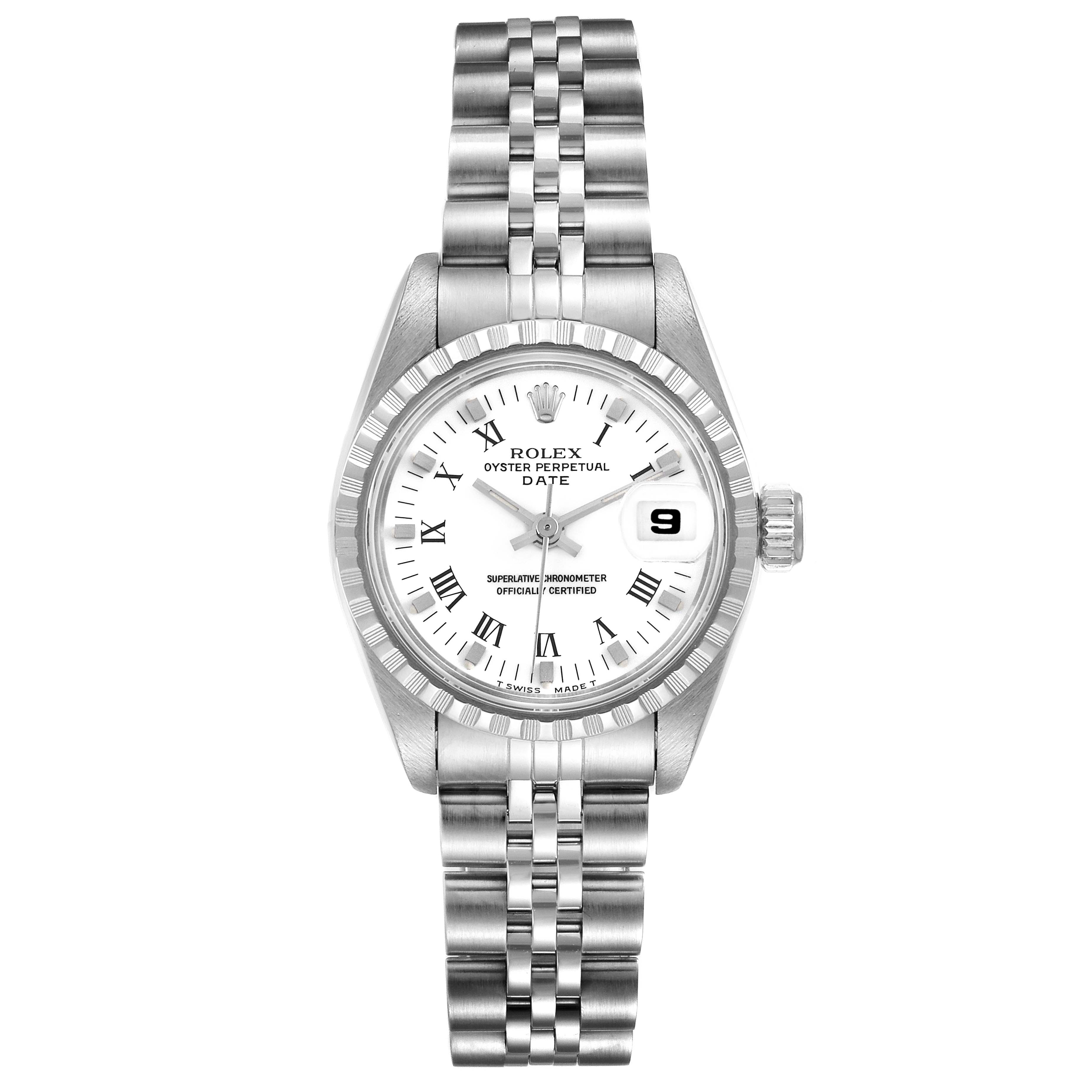 The image shows a front view of a Rolex Oyster Perpetual Date watch displaying its dial, bezel, bracelet, and crown.