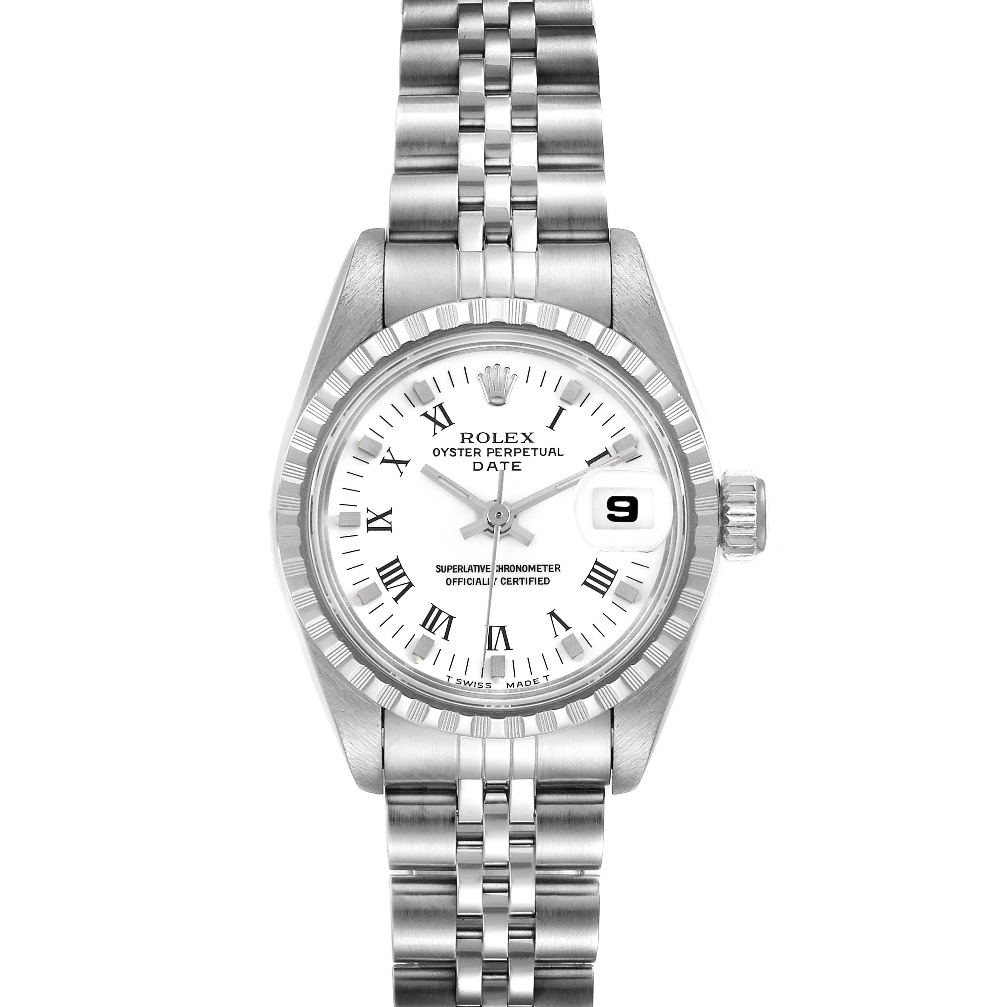 The image shows the front view of a Rolex Date 69240 Women's Stainless Steel White Dial 69240 Women's Stainless Steel White Dial model watch, displaying the dial, bezel, crown, and bracelet.