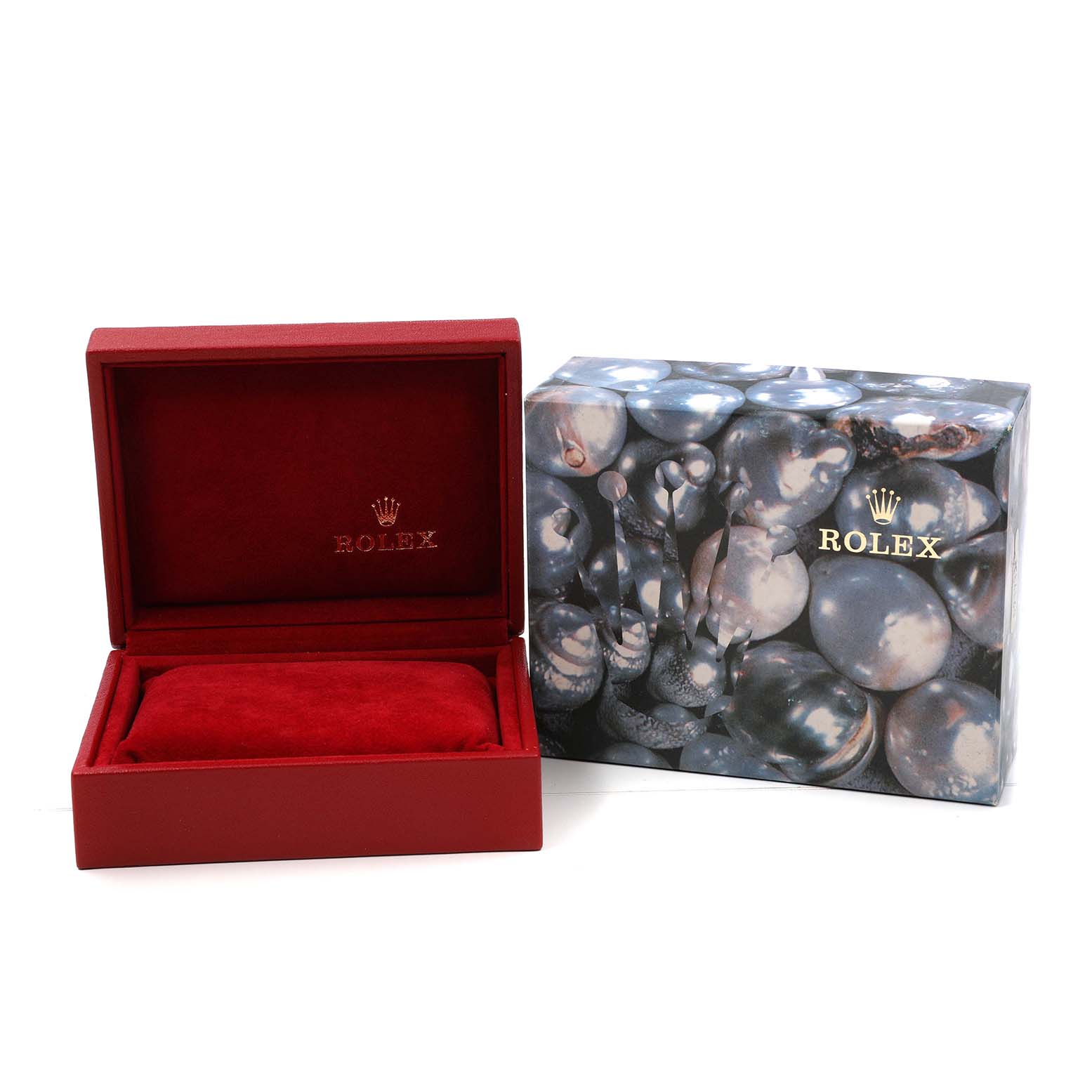 The image shows a red Rolex Datejust 69173 Women's Steel and Gold (two tone) Champagne Dial watch box and its outer packaging with a pearl-like design.