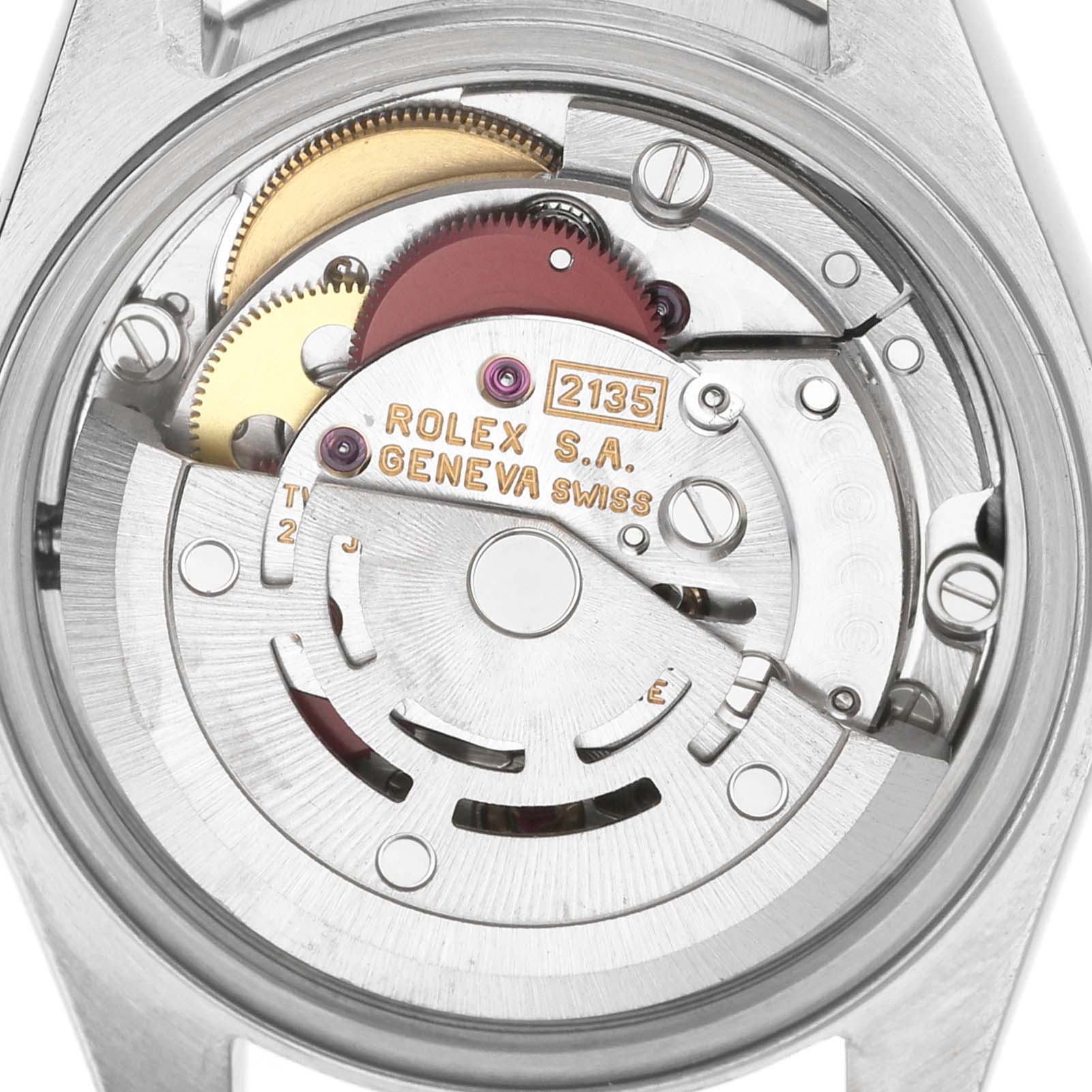 The image shows the movement and internal mechanics of a Rolex Datejust 69173 Women's Steel and Gold (two tone) Champagne Dial watch from a rear angle.