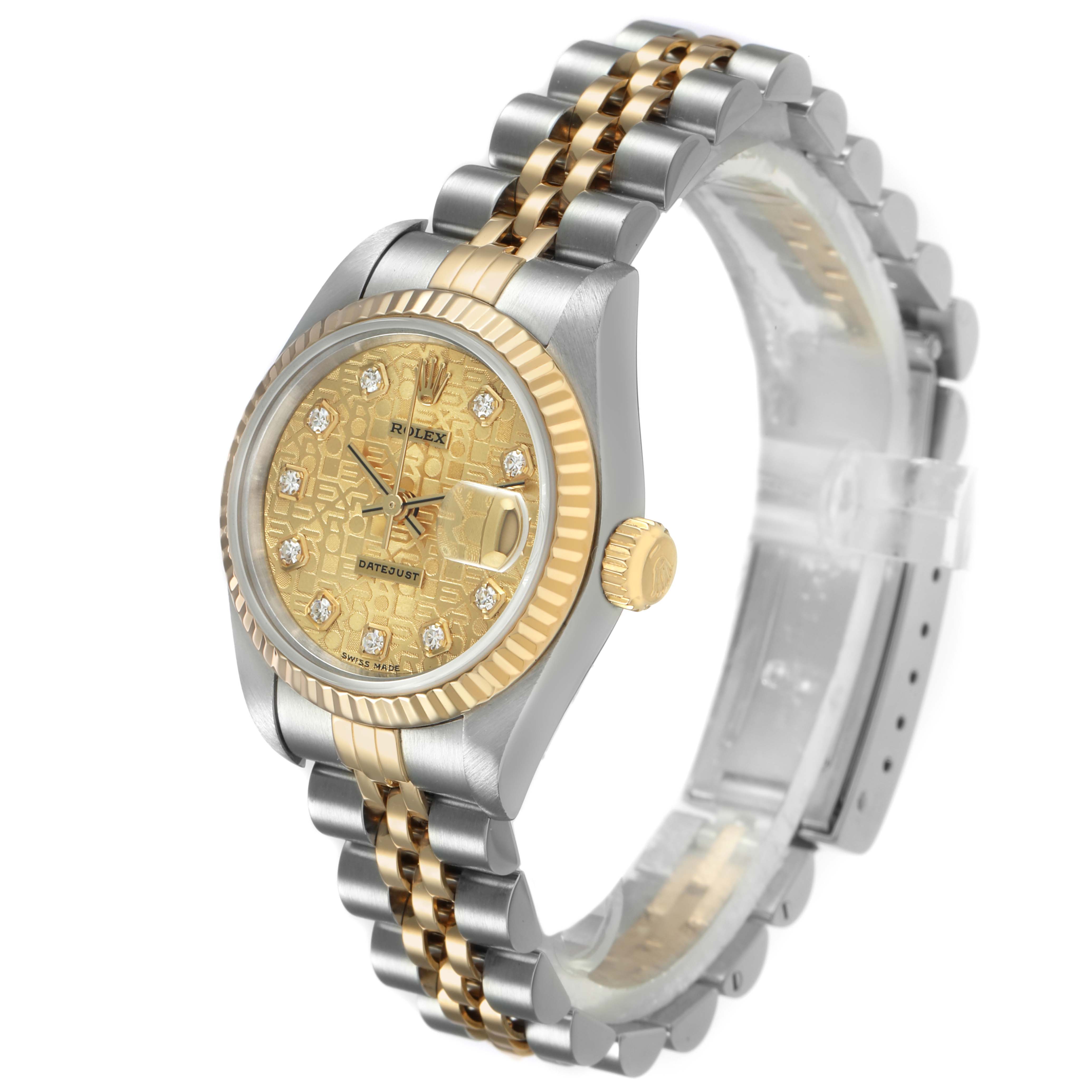The Rolex Datejust 69173 Women's Steel and Gold (two tone) Champagne Dial watch is shown at a three-quarter angle, highlighting its face, bezel, crown, and jubilee bracelet.