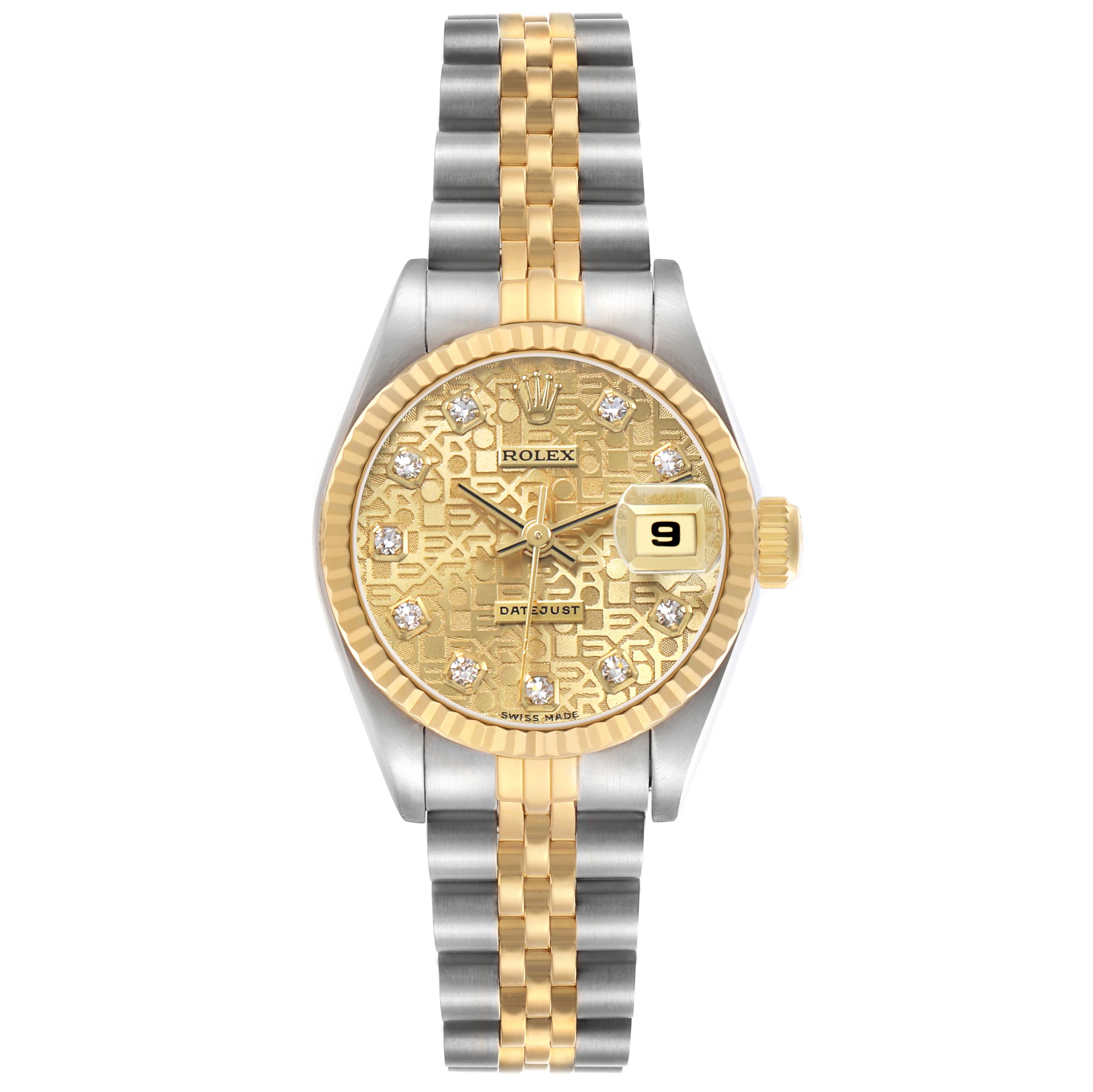 The Rolex Datejust 69173 Women's Steel and Gold (two tone) Champagne Dial is shown from the front, highlighting its dial, bezel, and two-tone bracelet.