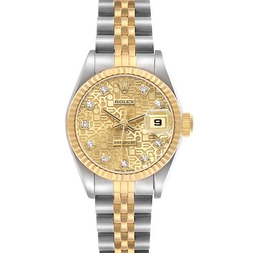 The Rolex Datejust 69173 Women's Steel and Gold (two tone) Champagne Dial watch is shown from the front, highlighting the gold dial, fluted bezel, and two-tone bracelet.