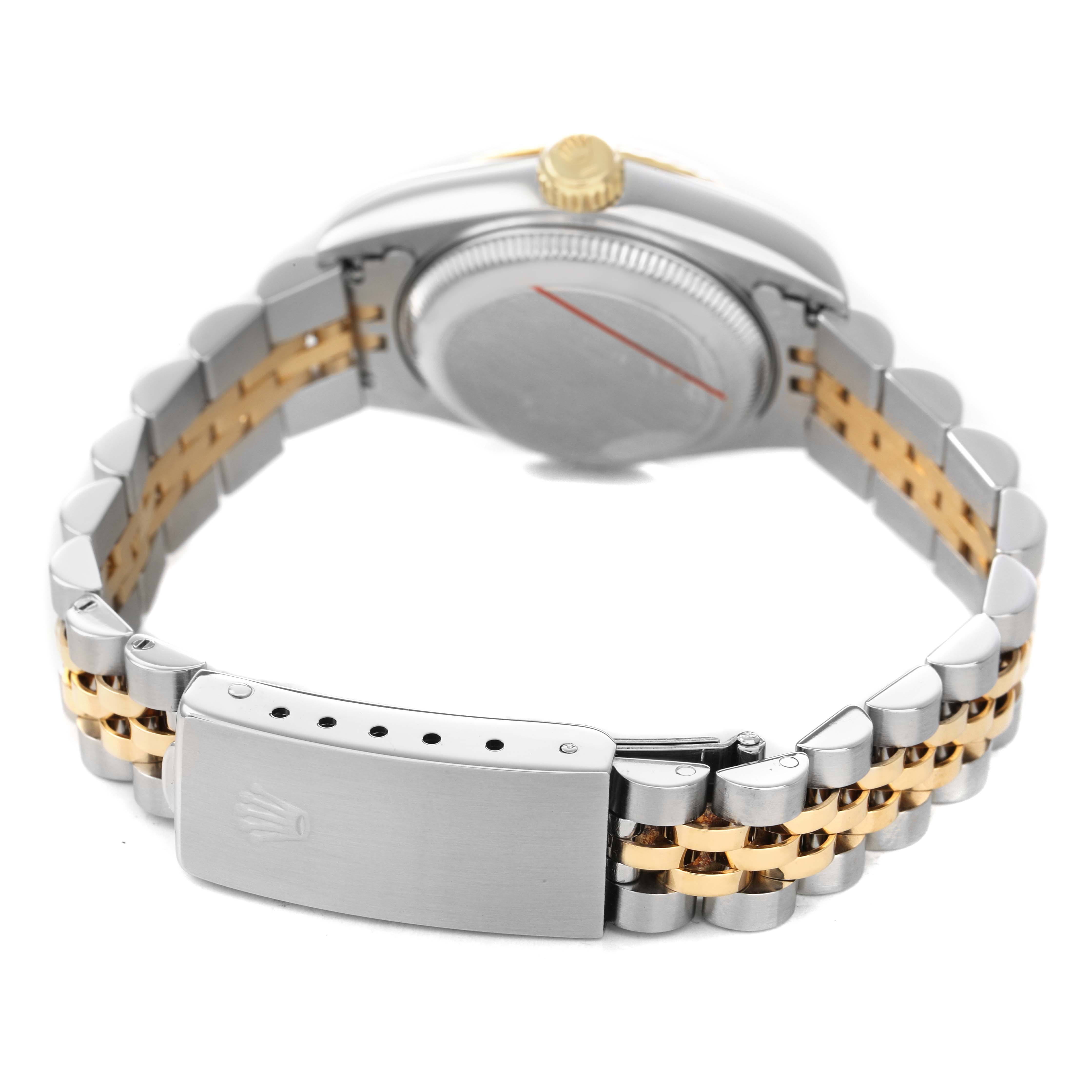 This image shows the back and clasp of a Rolex Datejust 69173 Women's Steel and Gold (two tone) Silver Dial, including the crown, case back, and two-tone bracelet.