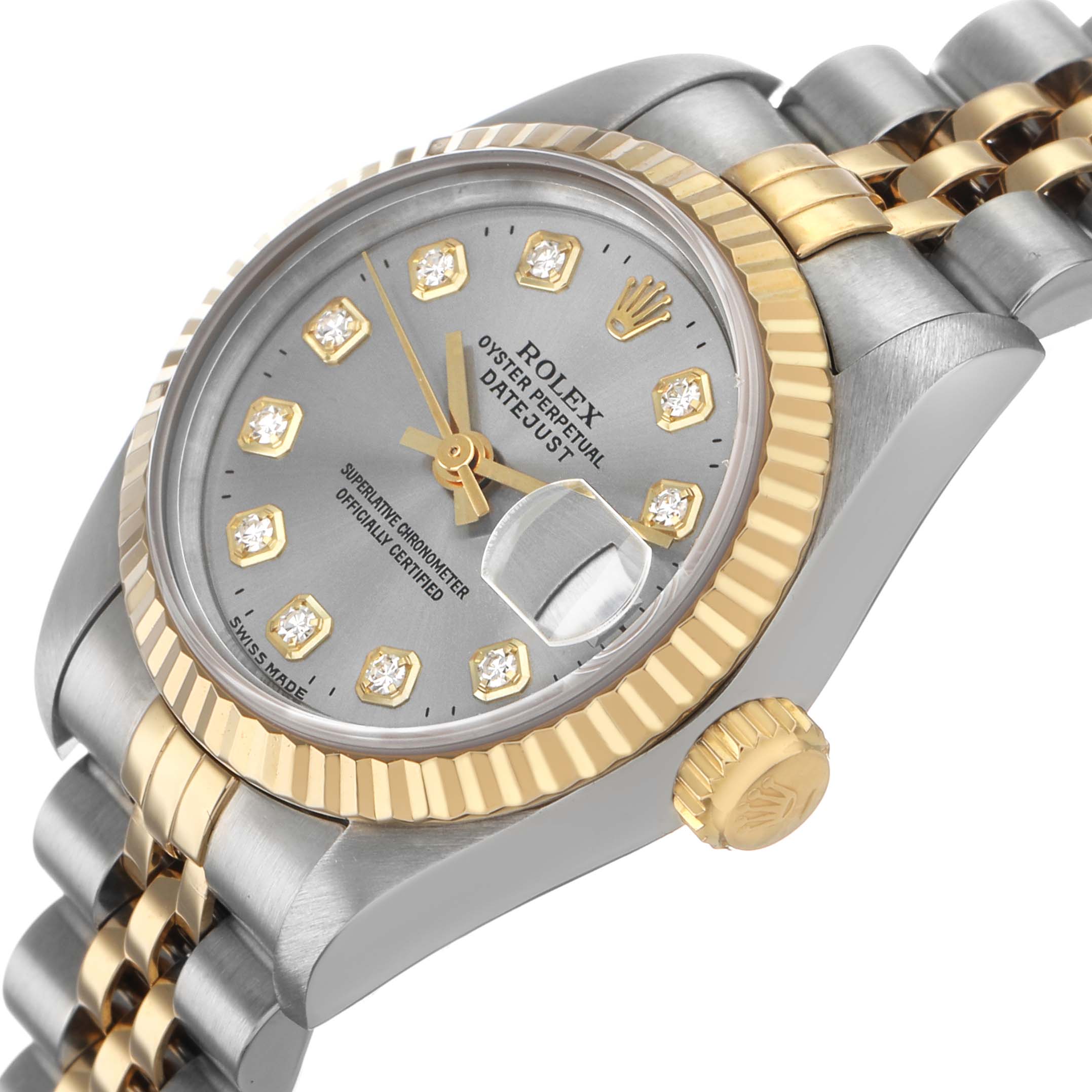 The Rolex Datejust 69173 Women's Steel and Gold (two tone) Silver Dial is shown at an angle highlighting the face, fluted bezel, crown, and two-tone bracelet.