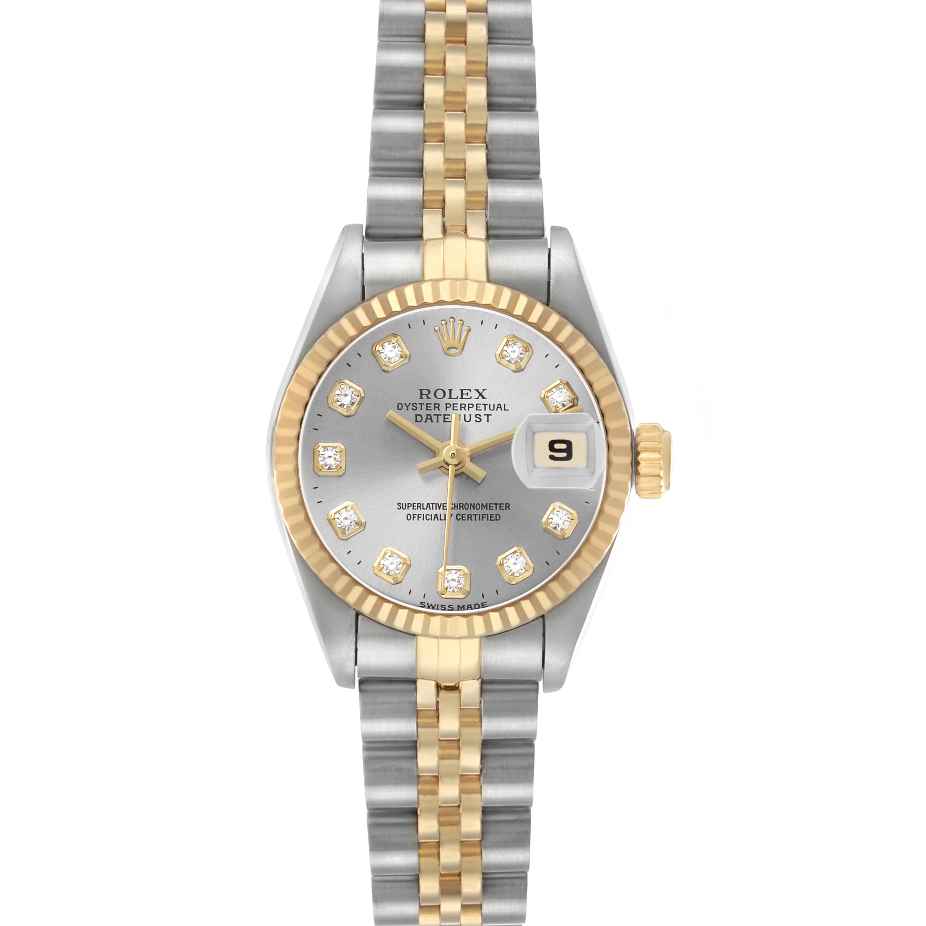 The Rolex Datejust 69173 Women's Steel and Gold (two tone) Silver Dial watch is shown from the front, displaying the dial, bezel, and bracelet.