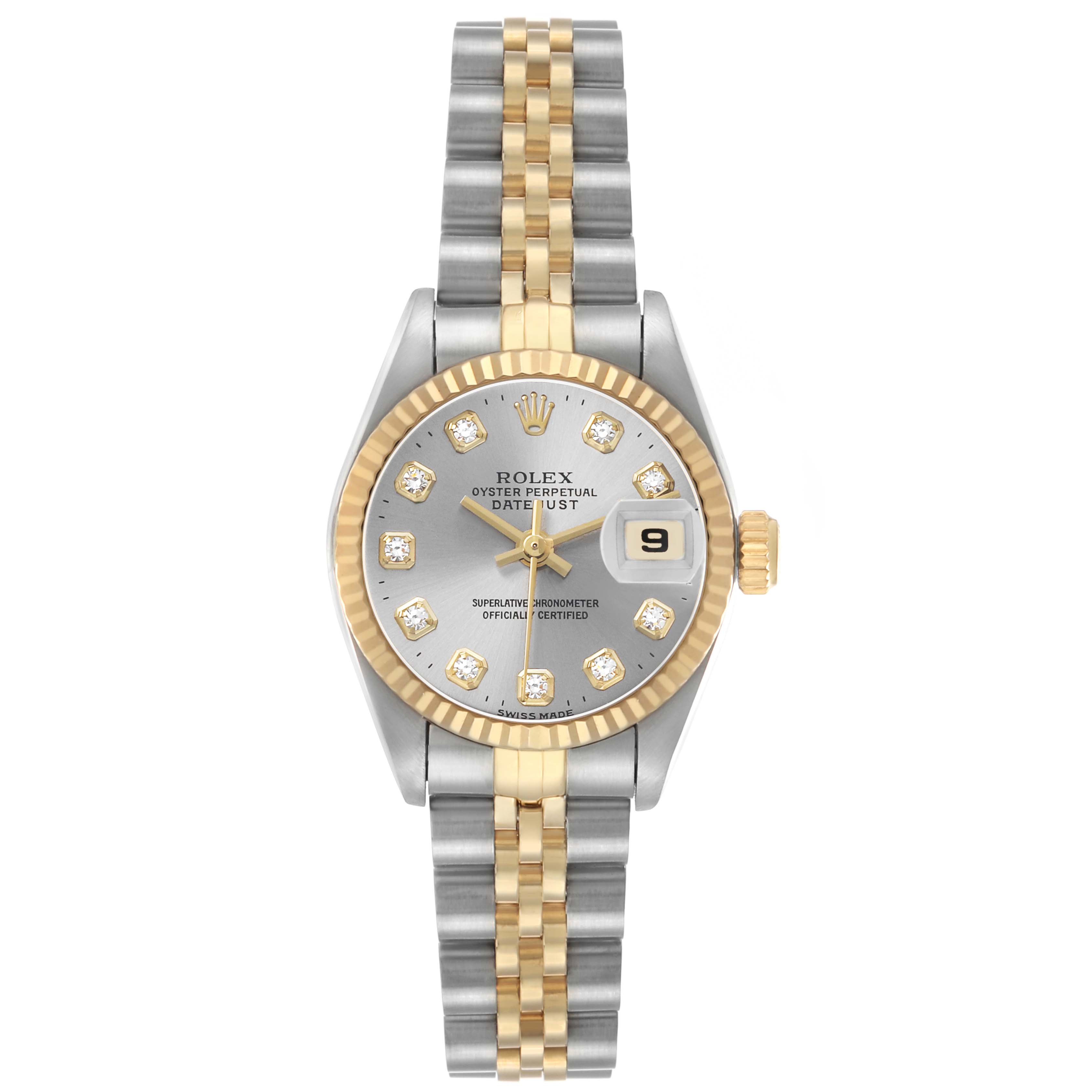 The Rolex Datejust 69173 Women's Steel and Gold (two tone) Silver Dial watch is shown from a top-down angle, displaying the dial, bezel, date window, and bracelet.