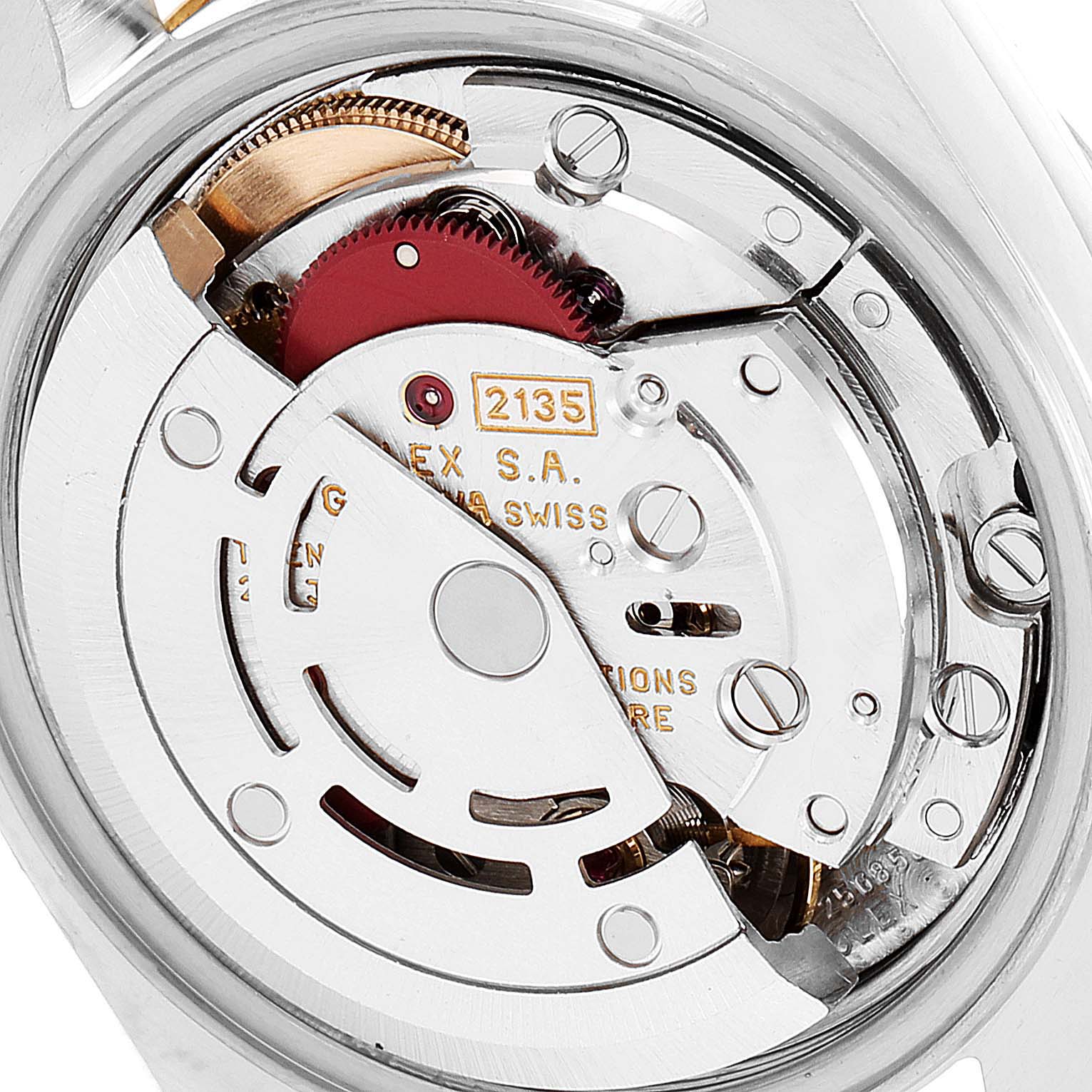 The image shows the movement mechanism of a Rolex Datejust 69173 Women
s Steel and Gold (two tone) Champagne Dial 69173 Women
s Steel and Gold (two tone) Champagne Dial watch viewed from the back.