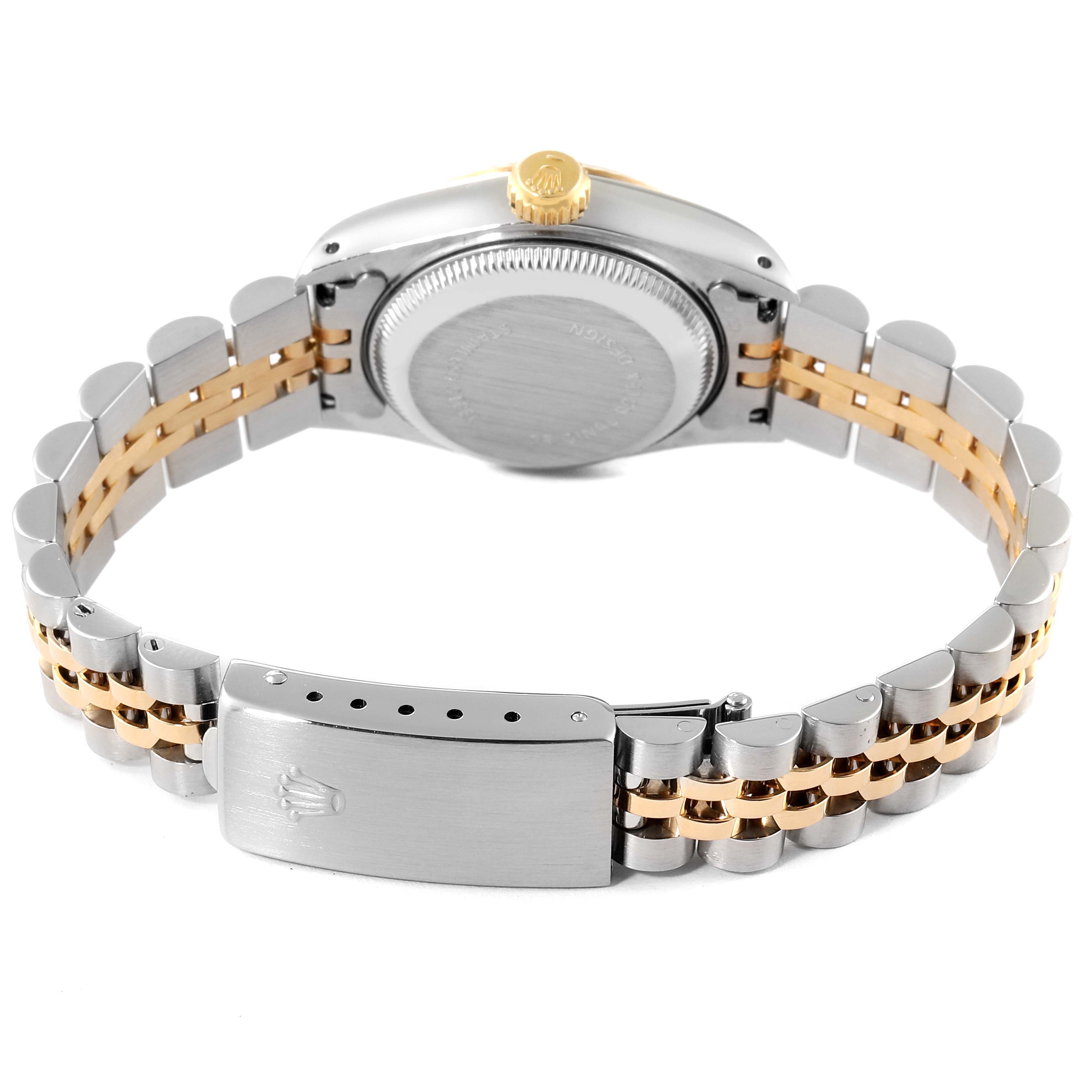 The image shows the back and bracelet of a Rolex Datejust 69173 Women
s Steel and Gold (two tone) Champagne Dial 69173 Women
s Steel and Gold (two tone) Champagne Dial watch, highlighting the clasp, case back, and bicolor links.