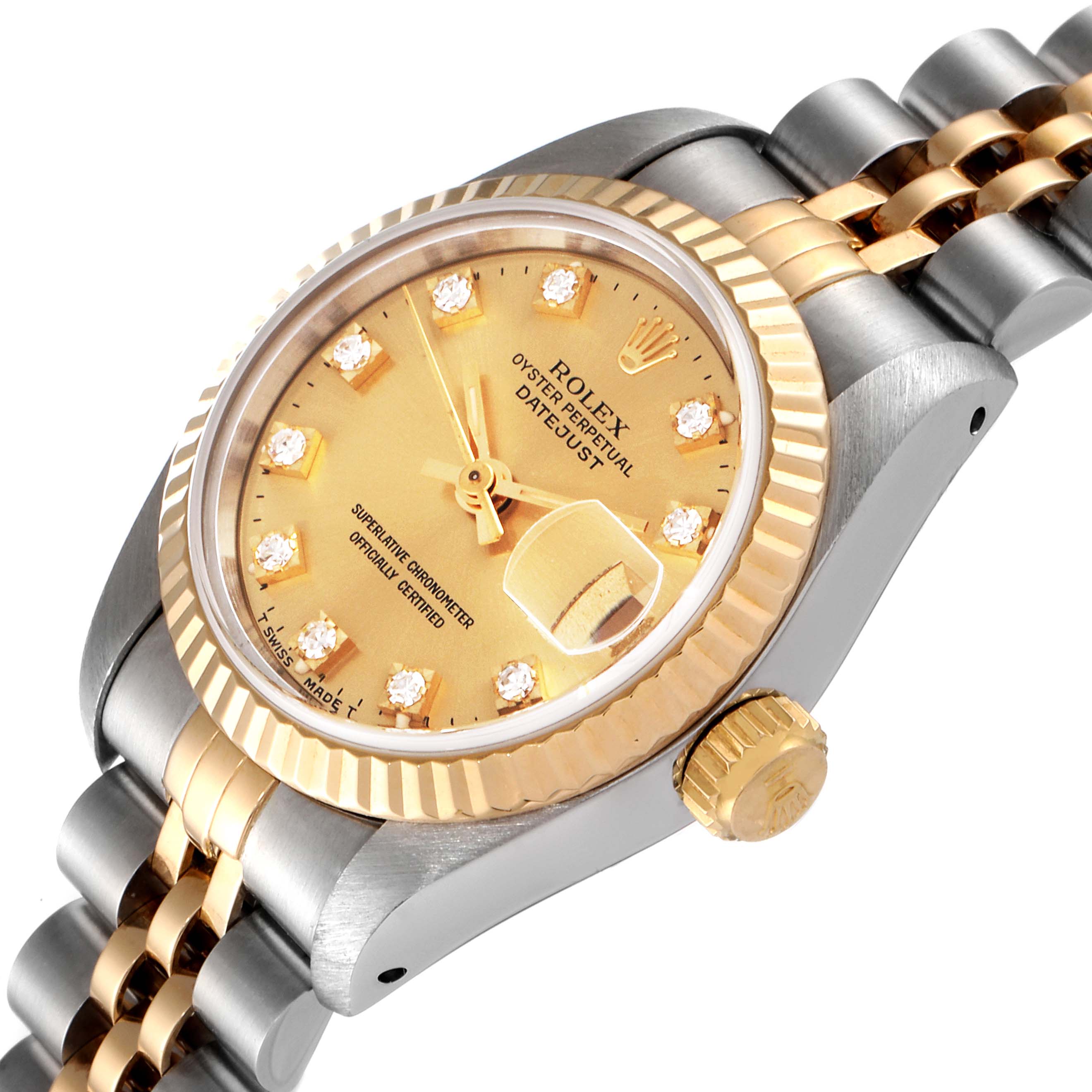 This image shows a close-up angle of the Rolex Datejust 69173 Women
s Steel and Gold (two tone) Champagne Dial 69173 Women
s Steel and Gold (two tone) Champagne Dial watch, highlighting the dial, bezel, crown, and part of the bracelet.