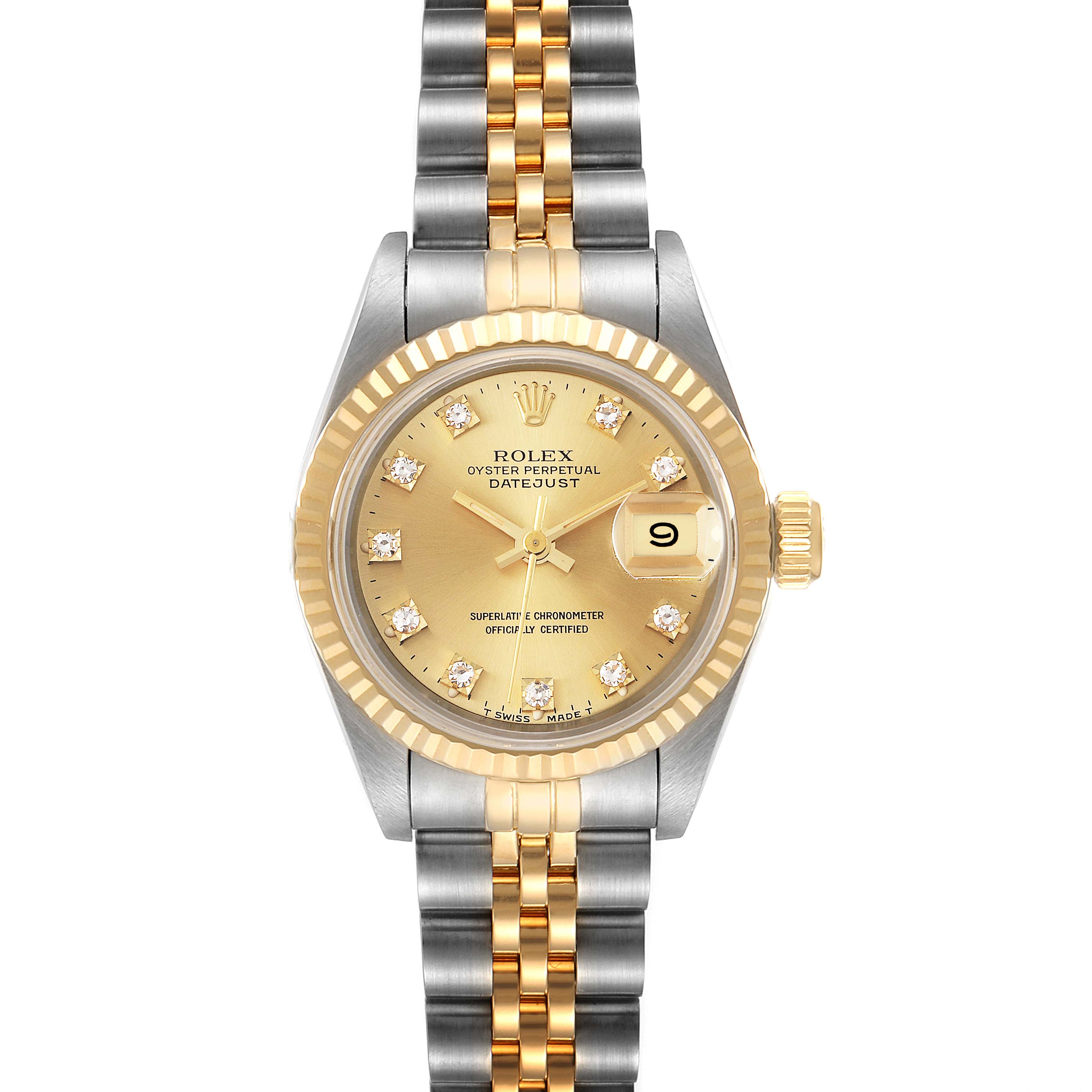 This image shows a frontal view of the Rolex Datejust 69173 Women
s Steel and Gold (two tone) Champagne Dial 69173 Women
s Steel and Gold (two tone) Champagne Dial watch, highlighting its gold and silver bracelet, gold dial, and date window.
