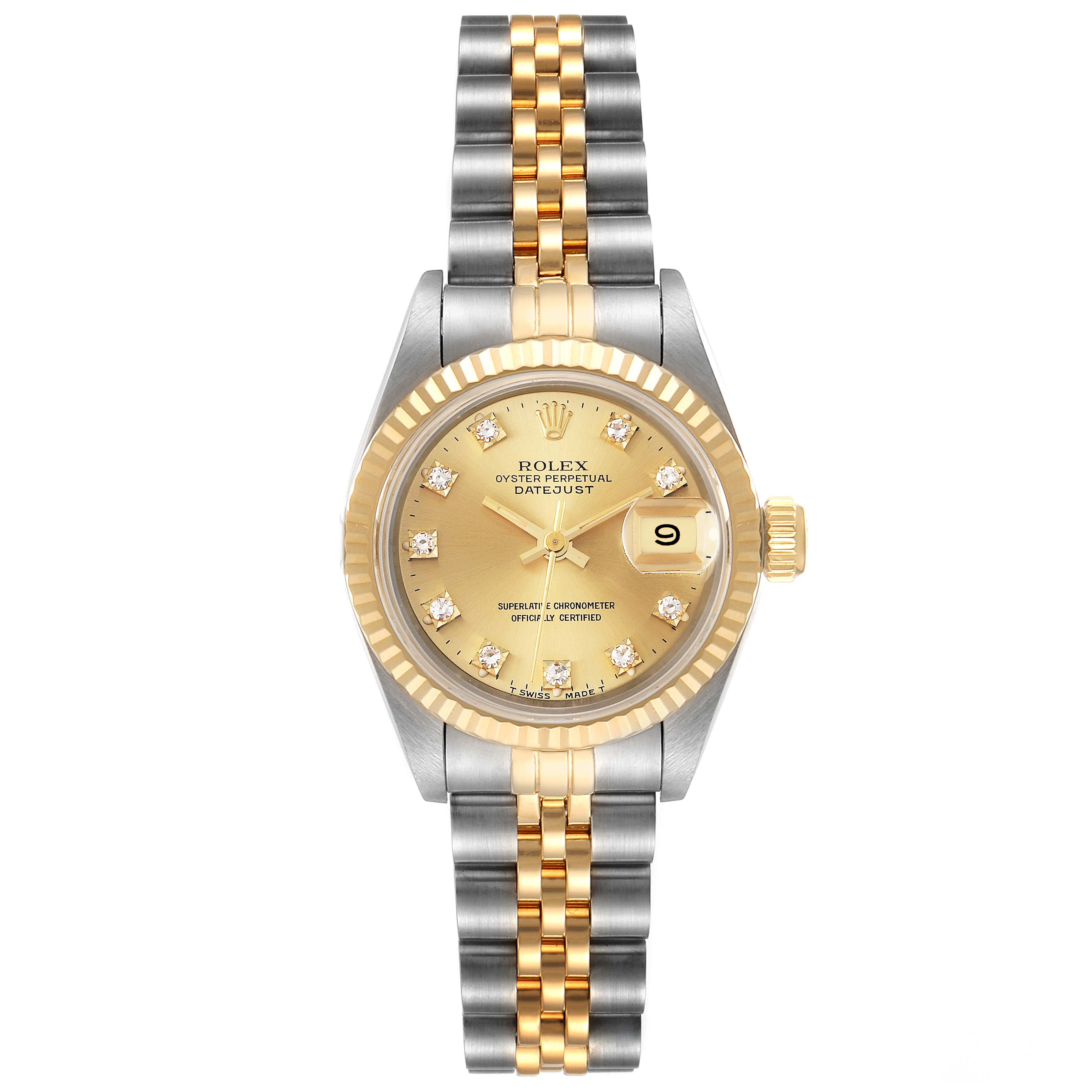 The image shows a front view of a Rolex Datejust 69173 Women
s Steel and Gold (two tone) Champagne Dial 69173 Women
s Steel and Gold (two tone) Champagne Dial watch, highlighting its dial, case, bezel, and two-tone bracelet.