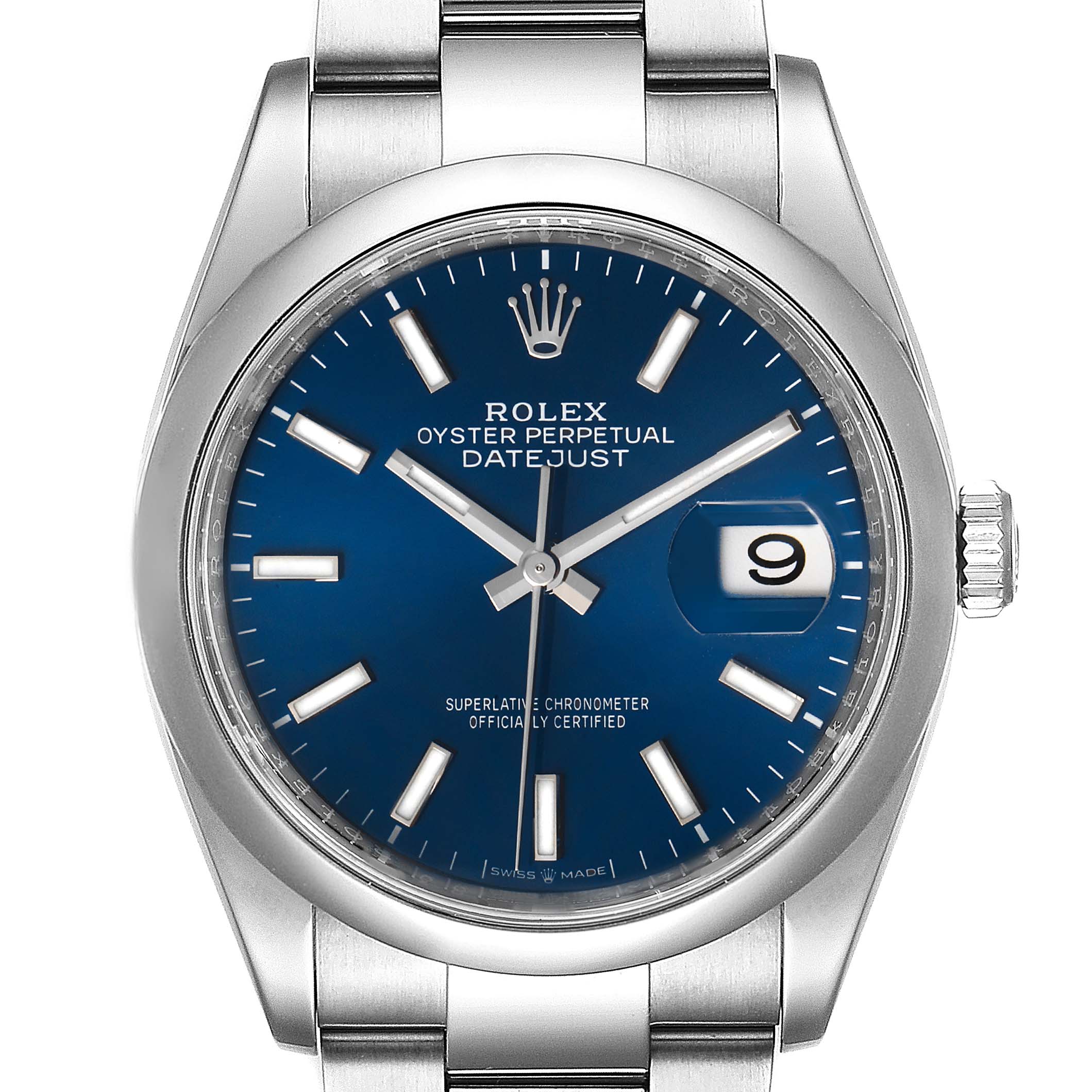 This Rolex Datejust 126200 Men
s Stainless Steel Blue Dial 126200 Men
s Stainless Steel Blue Dial watch is shown from a front angle, displaying its blue dial, crown, bezel, and part of the bracelet.
