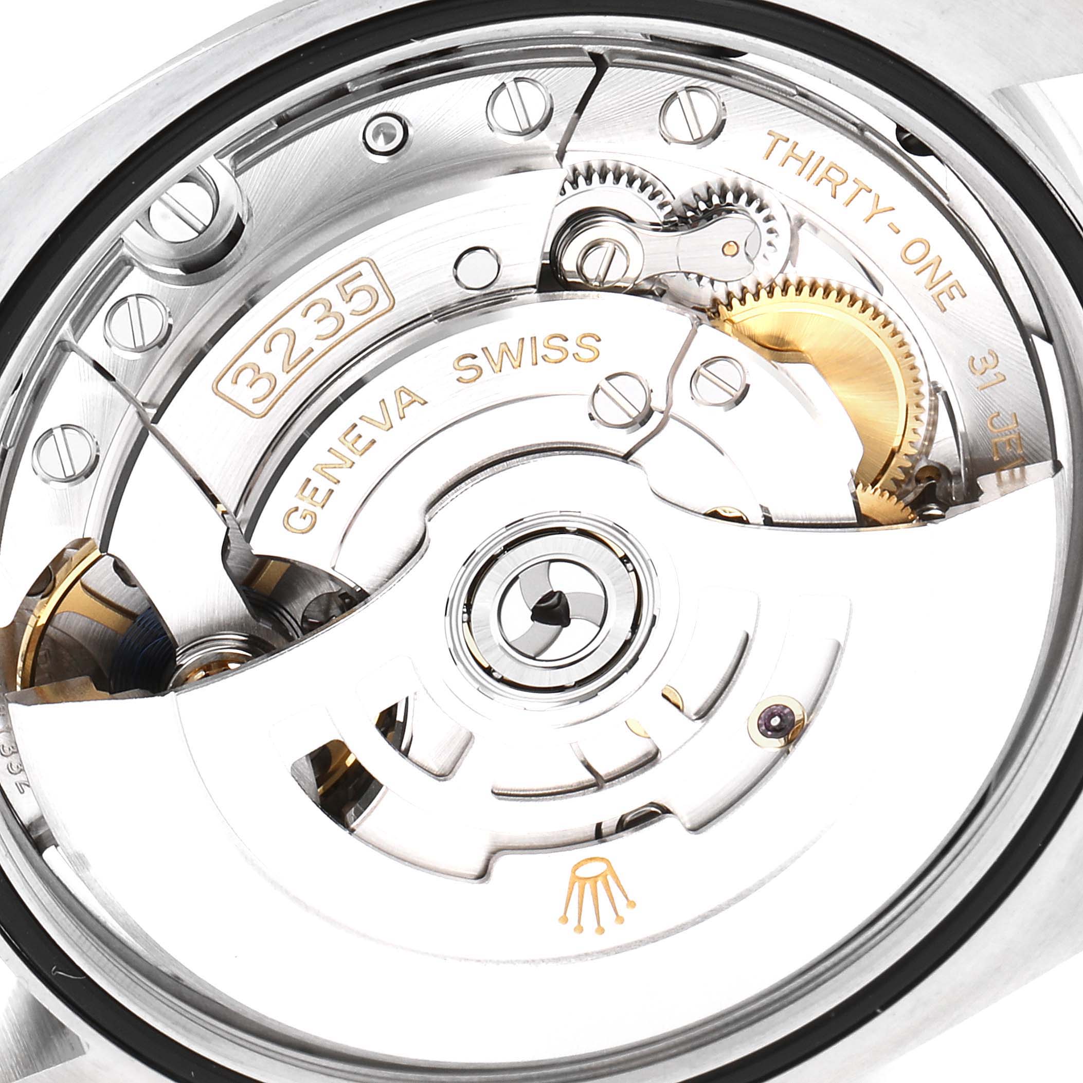 This image shows the internal mechanism of the Rolex Datejust 126200 Men
s Stainless Steel Blue Dial 126200 Men
s Stainless Steel Blue Dial, highlighting the 3235 caliber movement.