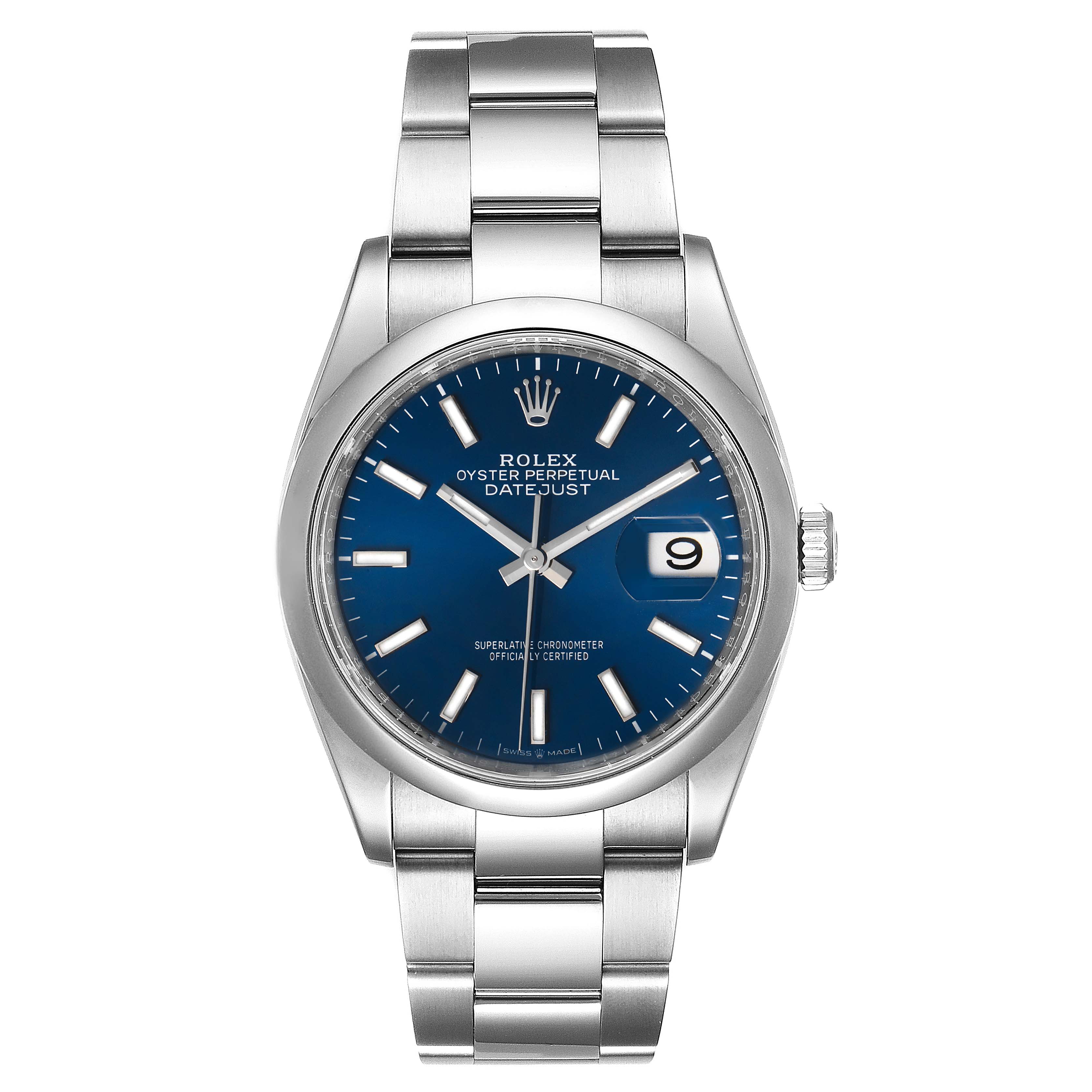 The image shows a front view of a Rolex Datejust 126200 Men
s Stainless Steel Blue Dial 126200 Men
s Stainless Steel Blue Dial watch, displaying its blue dial, date window, and stainless steel bracelet.