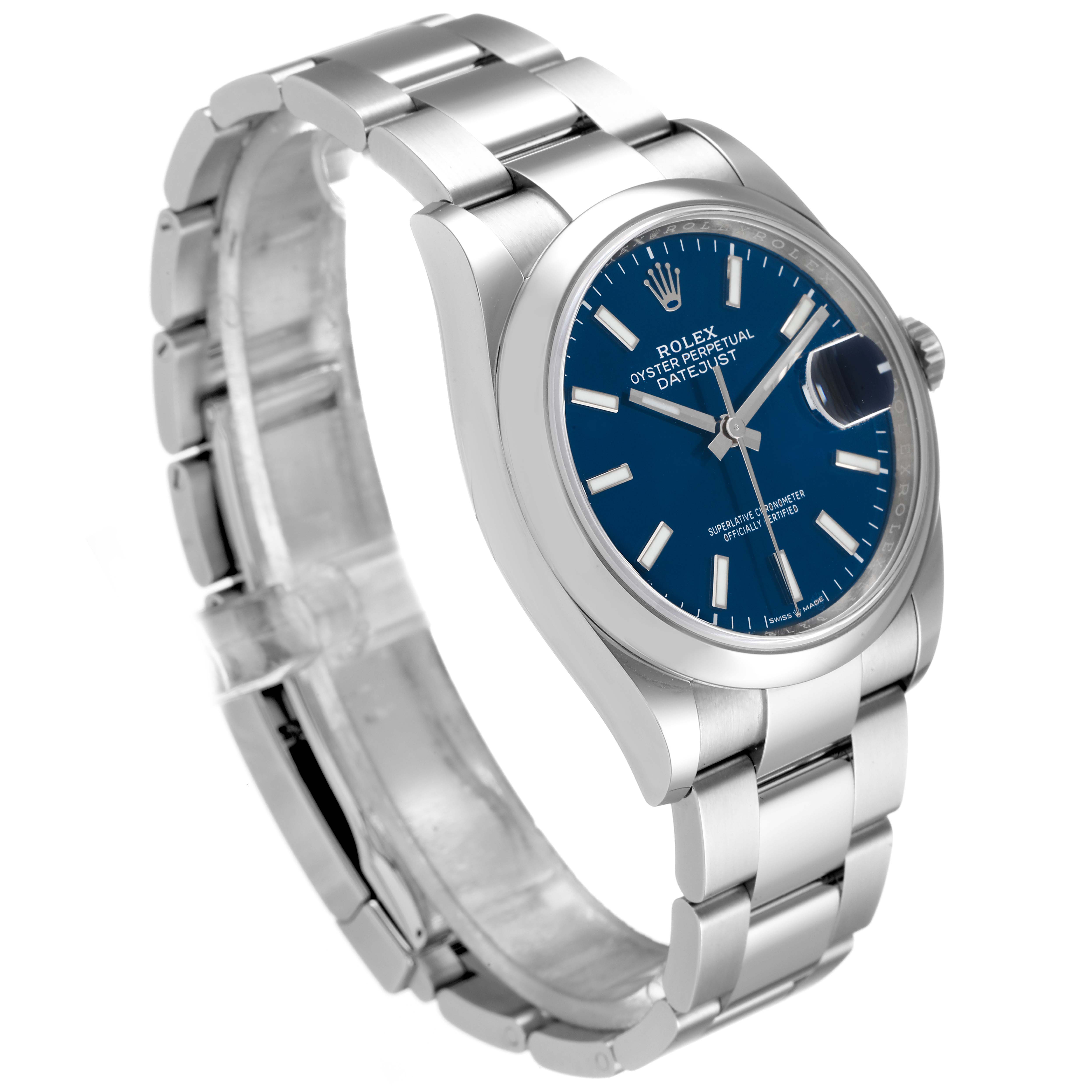 This image shows a Rolex Datejust 126200 Men
s Stainless Steel Blue Dial 126200 Men
s Stainless Steel Blue Dial watch at a 3/4 angle, highlighting the bracelet, case, and dial.