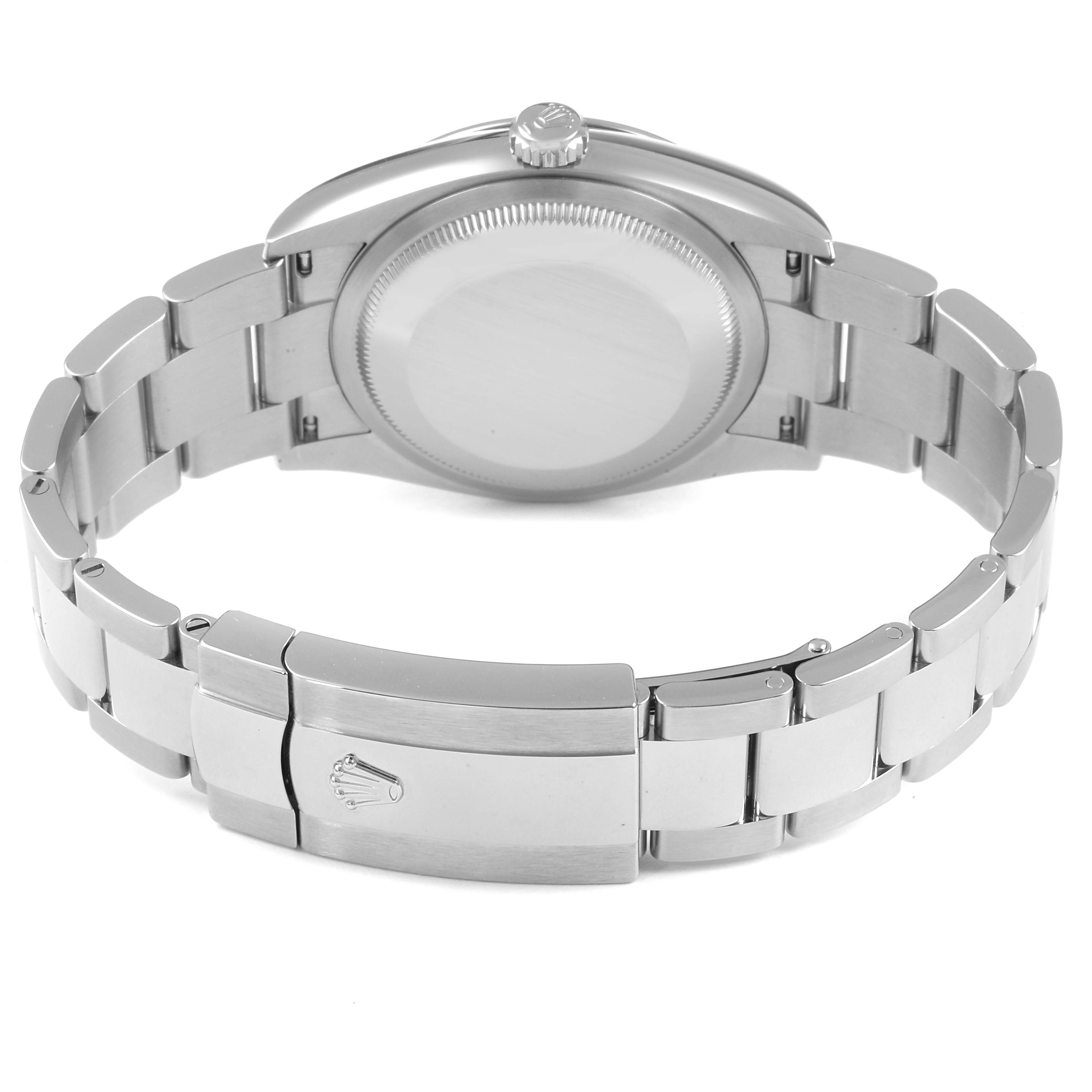 This image shows the back view of a Rolex Datejust 126200 Men
s Stainless Steel Blue Dial 126200 Men
s Stainless Steel Blue Dial watch, highlighting the case back, bracelet, and clasp.