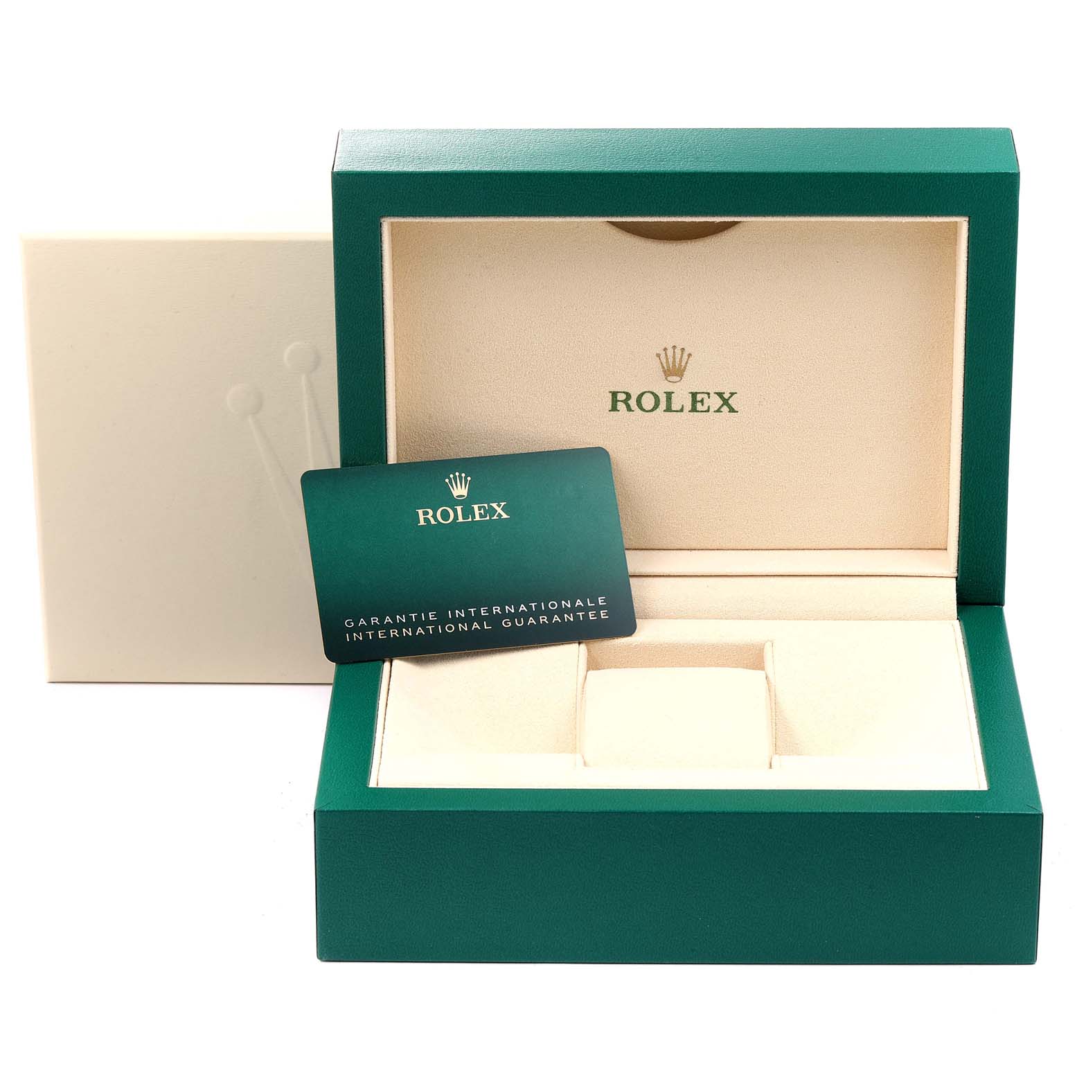 The image shows a green and beige Rolex Datejust 126200 Men
s Stainless Steel Blue Dial 126200 Men
s Stainless Steel Blue Dial watch box and warranty card, displayed from the front angle.
