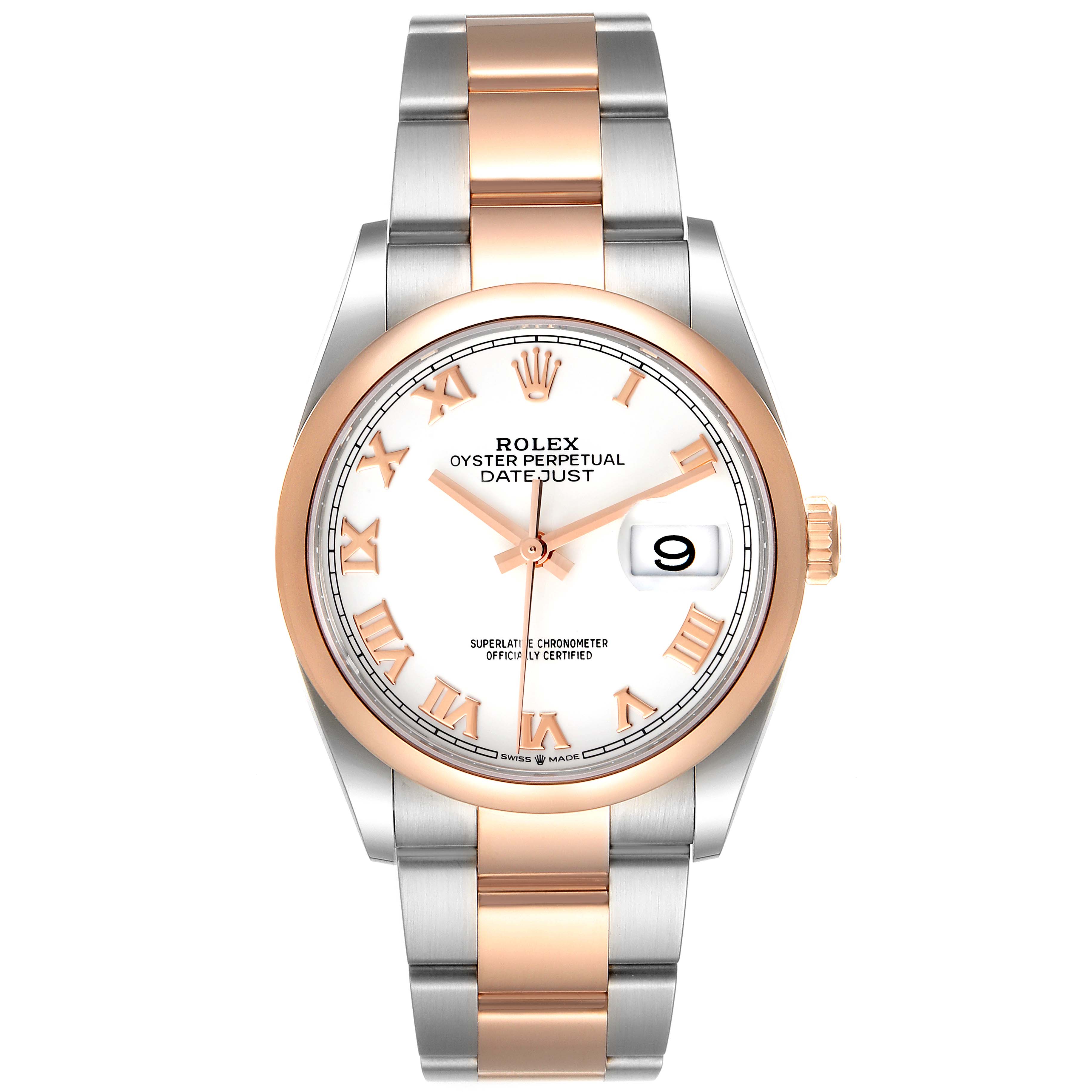 This image shows a front view of a Rolex Datejust 126201 Men's Steel and Gold (two tone) White Dial 126201 Men's Steel and Gold (two tone) White Dial watch with a two-tone metal bracelet and a white dial.