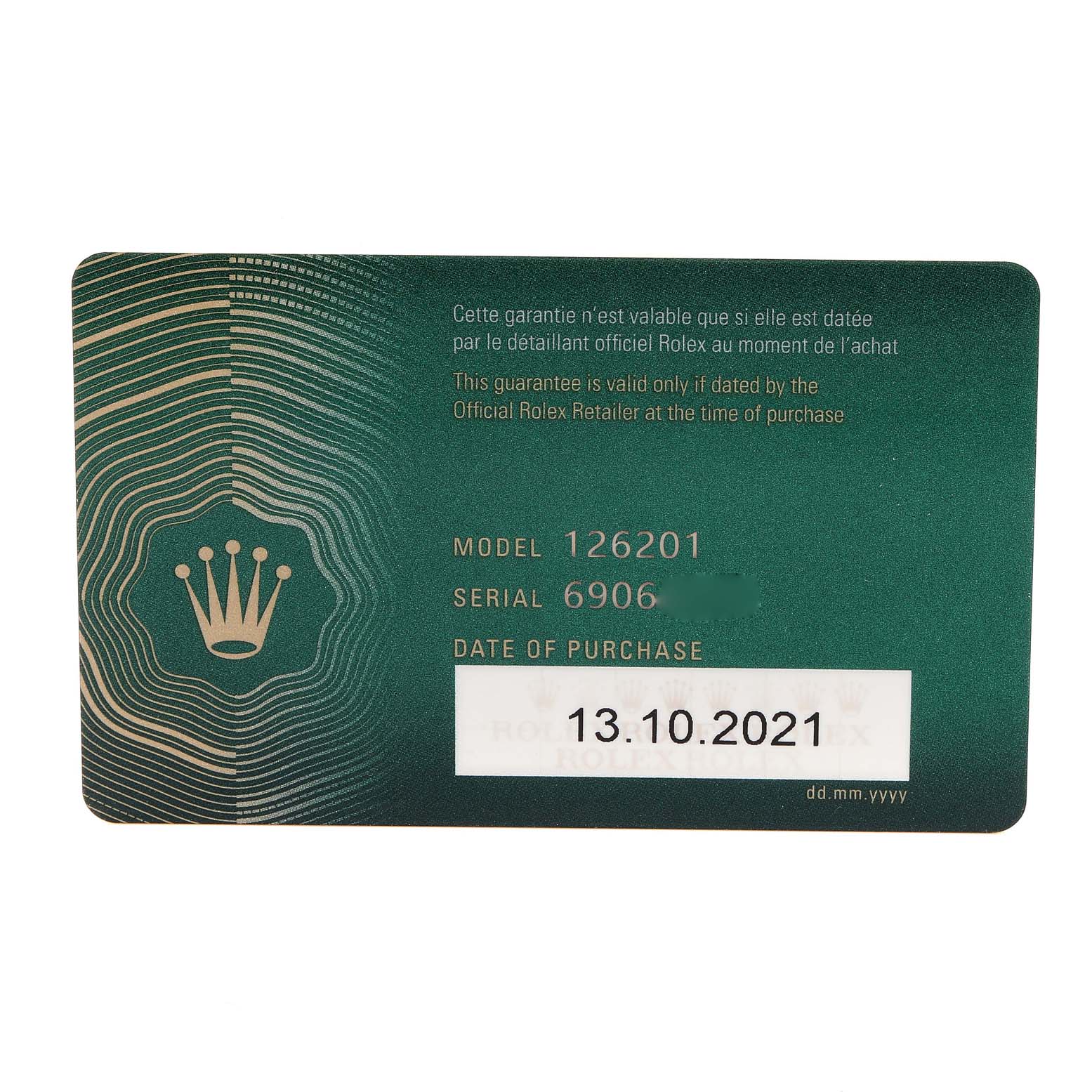 This image shows a green Rolex warranty card for the Datejust model, including the model number and purchase date.