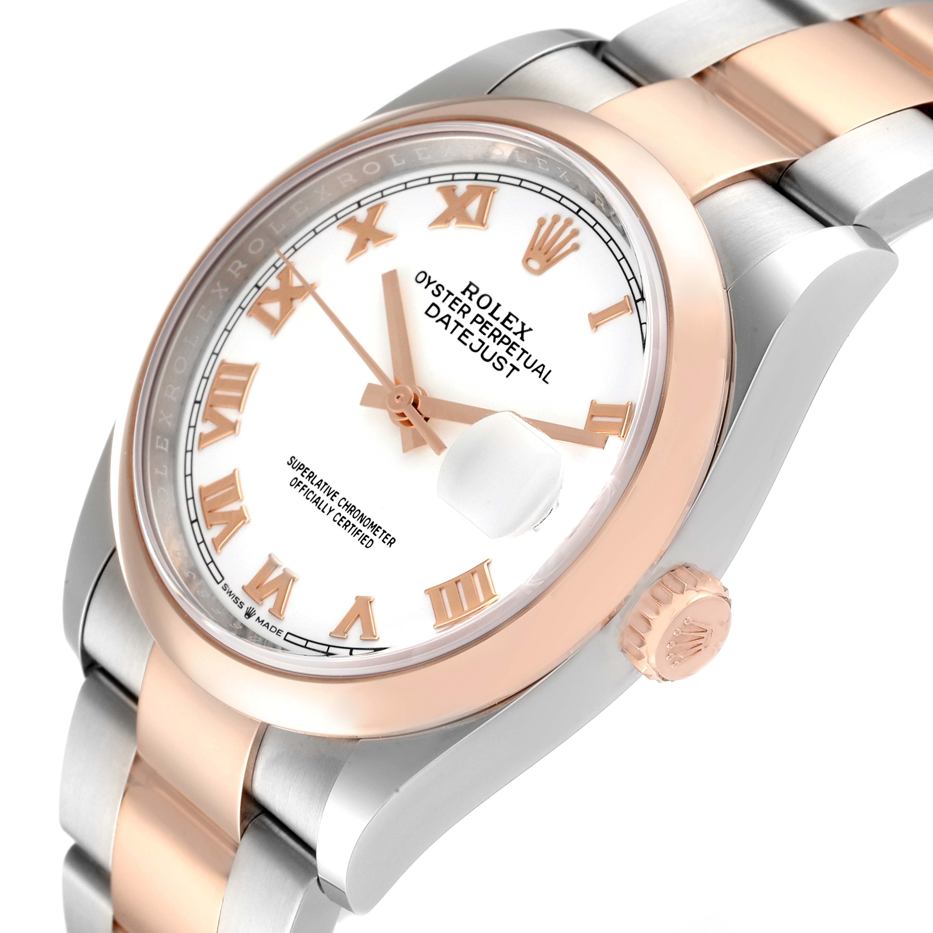 This image shows a close-up angled view of the Rolex Datejust 126201 Men's Steel and Gold (two tone) White Dial 126201 Men's Steel and Gold (two tone) White Dial watch, highlighting the dial, crown, and bracelet.