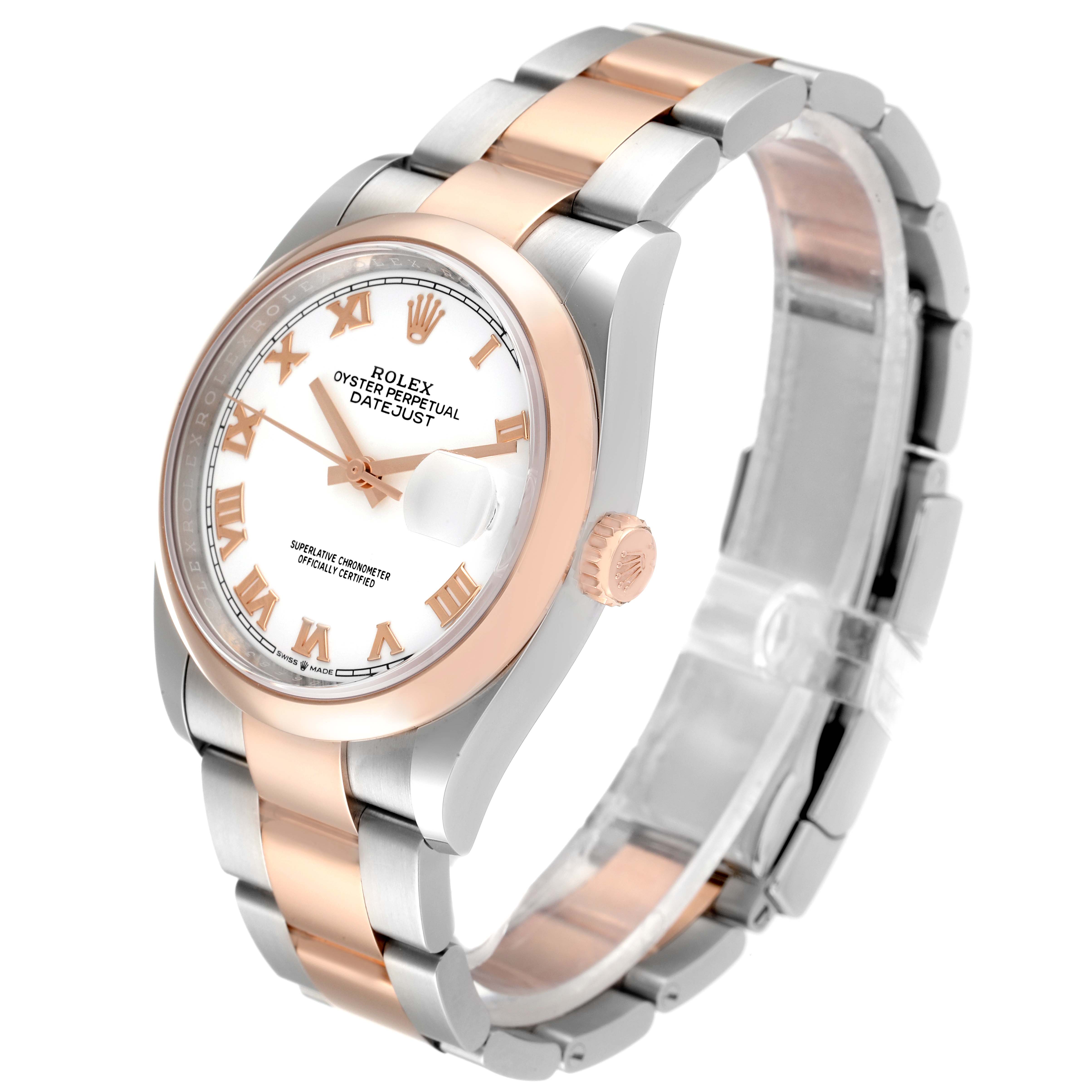 This Rolex Datejust 126201 Men's Steel and Gold (two tone) White Dial 126201 Men's Steel and Gold (two tone) White Dial watch is shown at a slight angle, showcasing the dial, bracelet, bezel, and crown.