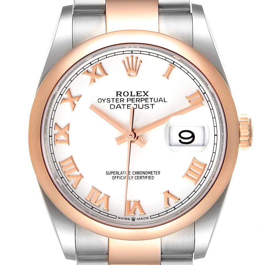 Rolex Datejust 36 Steel EveRose Gold White Roman Dial Watch 126201 Unworn SwissWatchExpo