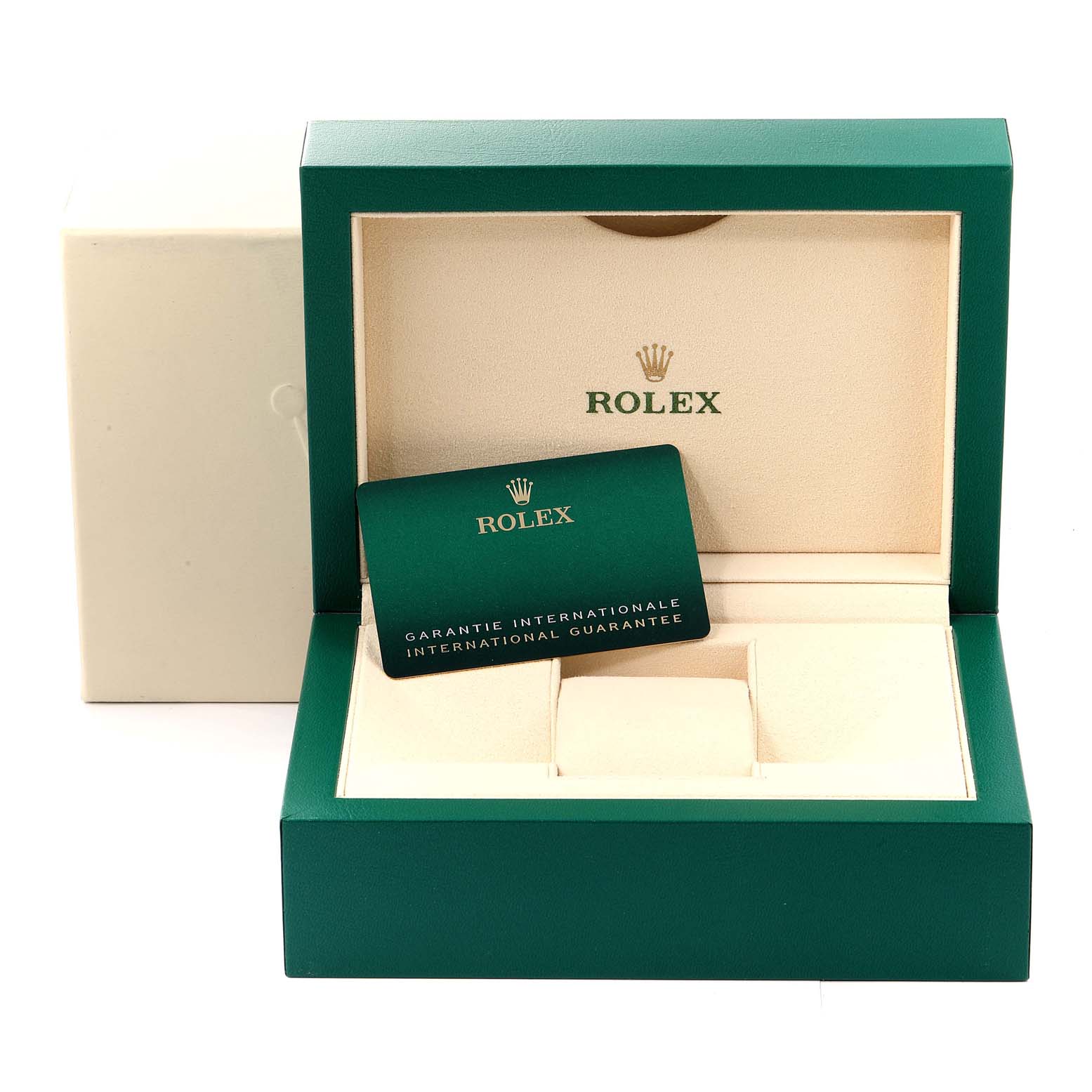 This image shows the open box of a Rolex Datejust 126201 Men's Steel and Gold (two tone) White Dial 126201 Men's Steel and Gold (two tone) White Dial watch, revealing the international guarantee card inside.