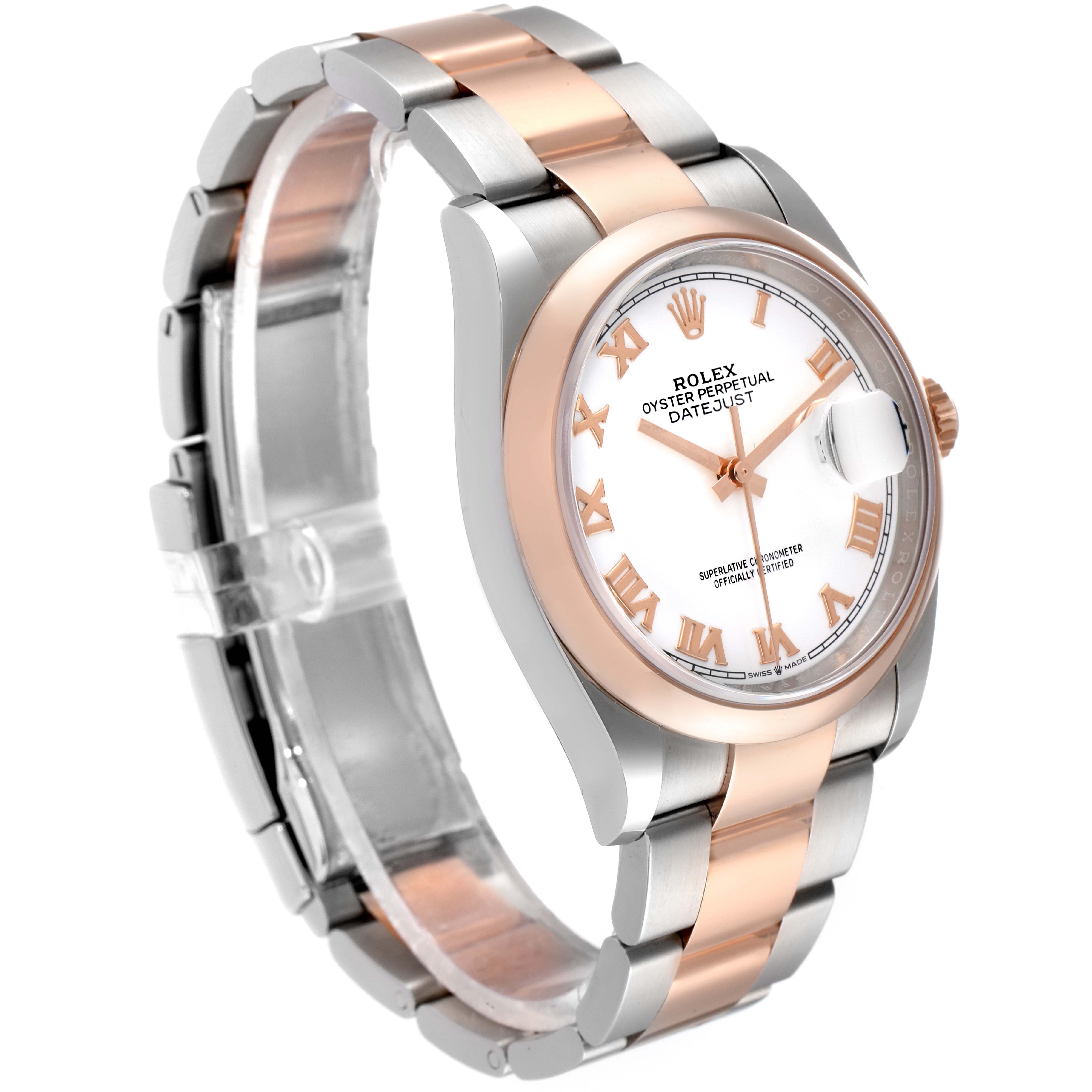 The Rolex Datejust 126201 Men's Steel and Gold (two tone) White Dial 126201 Men's Steel and Gold (two tone) White Dial watch is shown at an angle displaying the face, bezel, case, and bracelet.