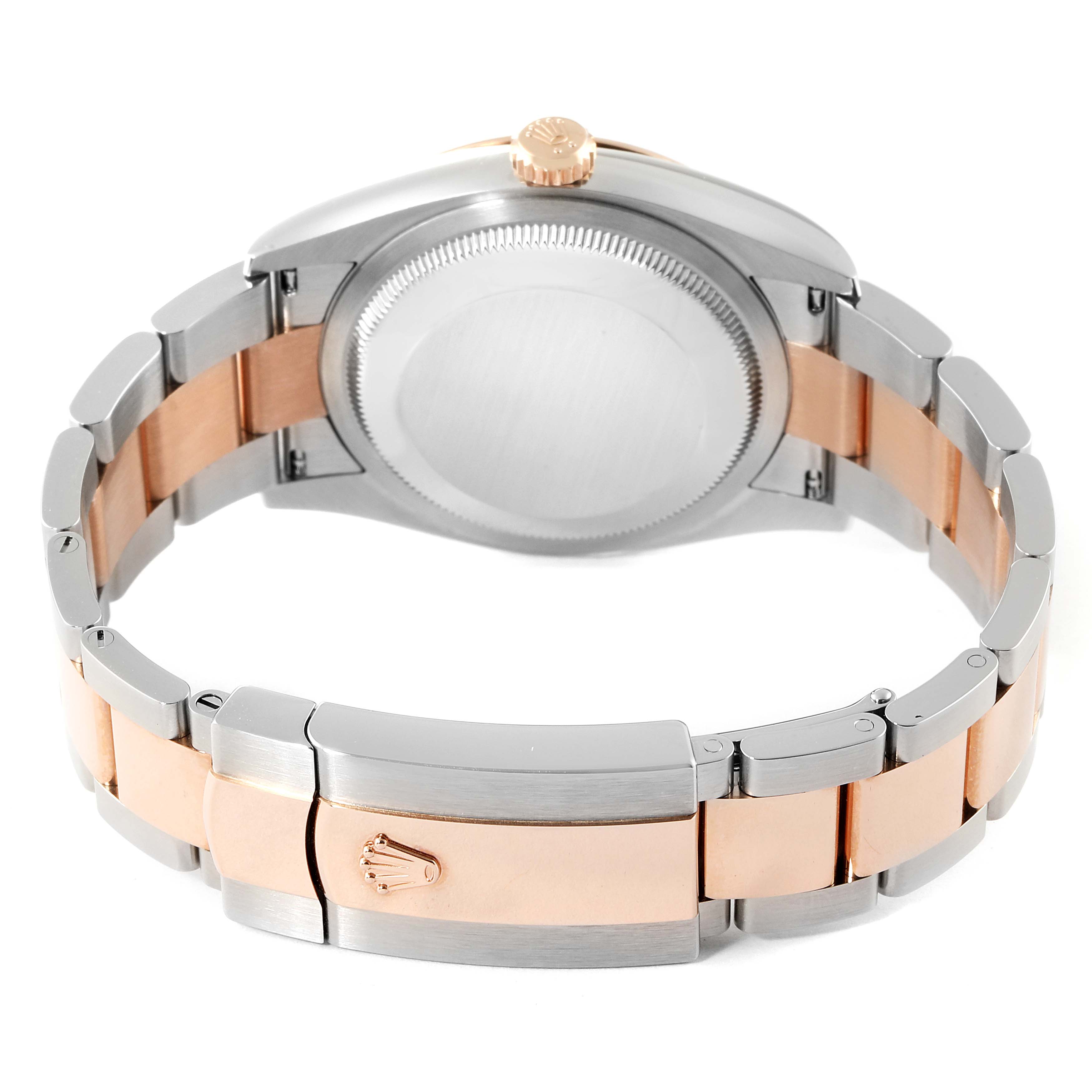 The image shows the back and clasp of the Rolex Datejust 126201 Men's Steel and Gold (two tone) White Dial 126201 Men's Steel and Gold (two tone) White Dial watch, highlighting its two-tone metal bracelet and crown.